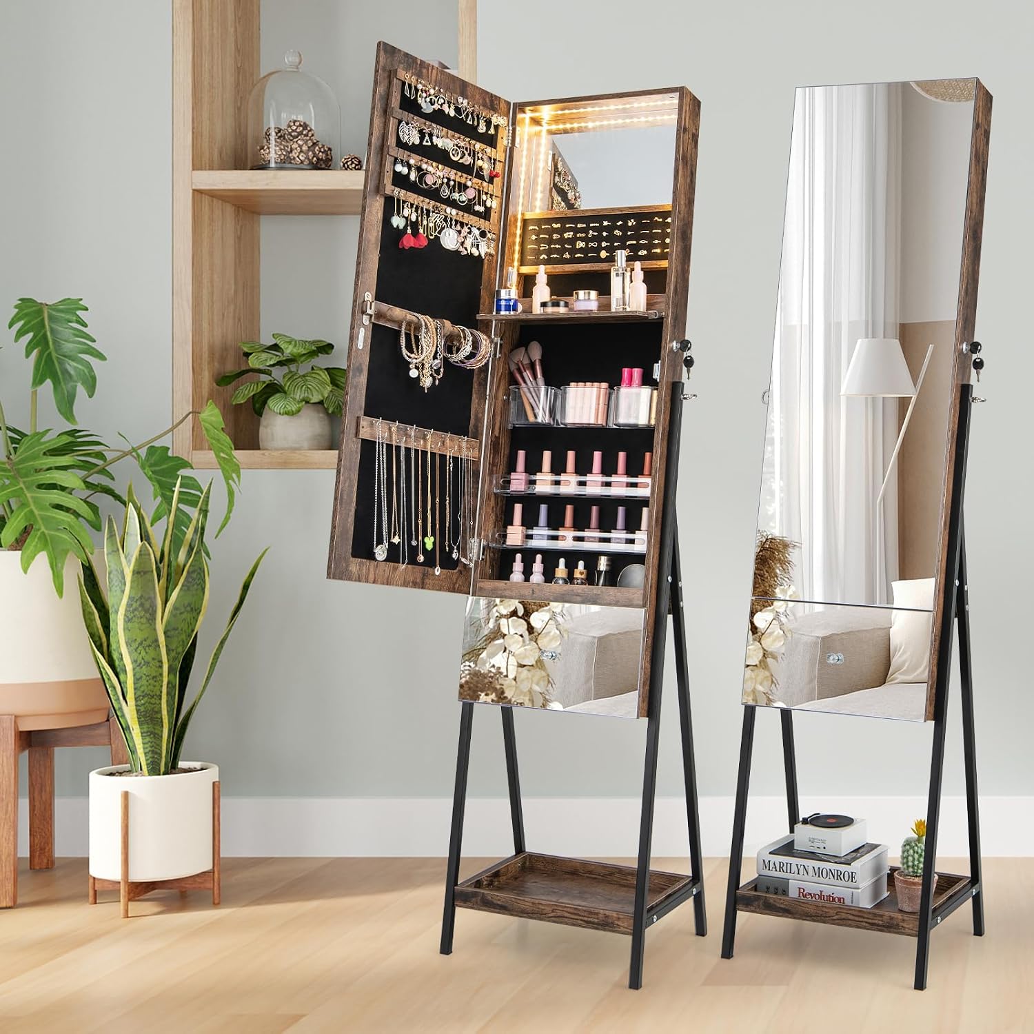 LOKO Jewelry Cabinet Armoire, Standing Jewelry Organizer with Full-Length Mirror & Built-in Makeup Mirror, Lockable Jewelry Armoire with 3-Color LED Lights, for Girl Women Bedroom (Rustic Brown)