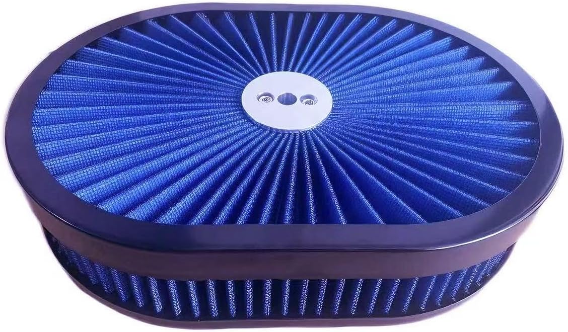 12"x2" Oval Air Cleaner Filter Assembly 5-1/8" Carb Neck w/Flow-Thru Lid High Flow Compatible For GMC Chevy Ford Chryler Dodge Fit For 5-1/8" carburetor neck (BLUE)
