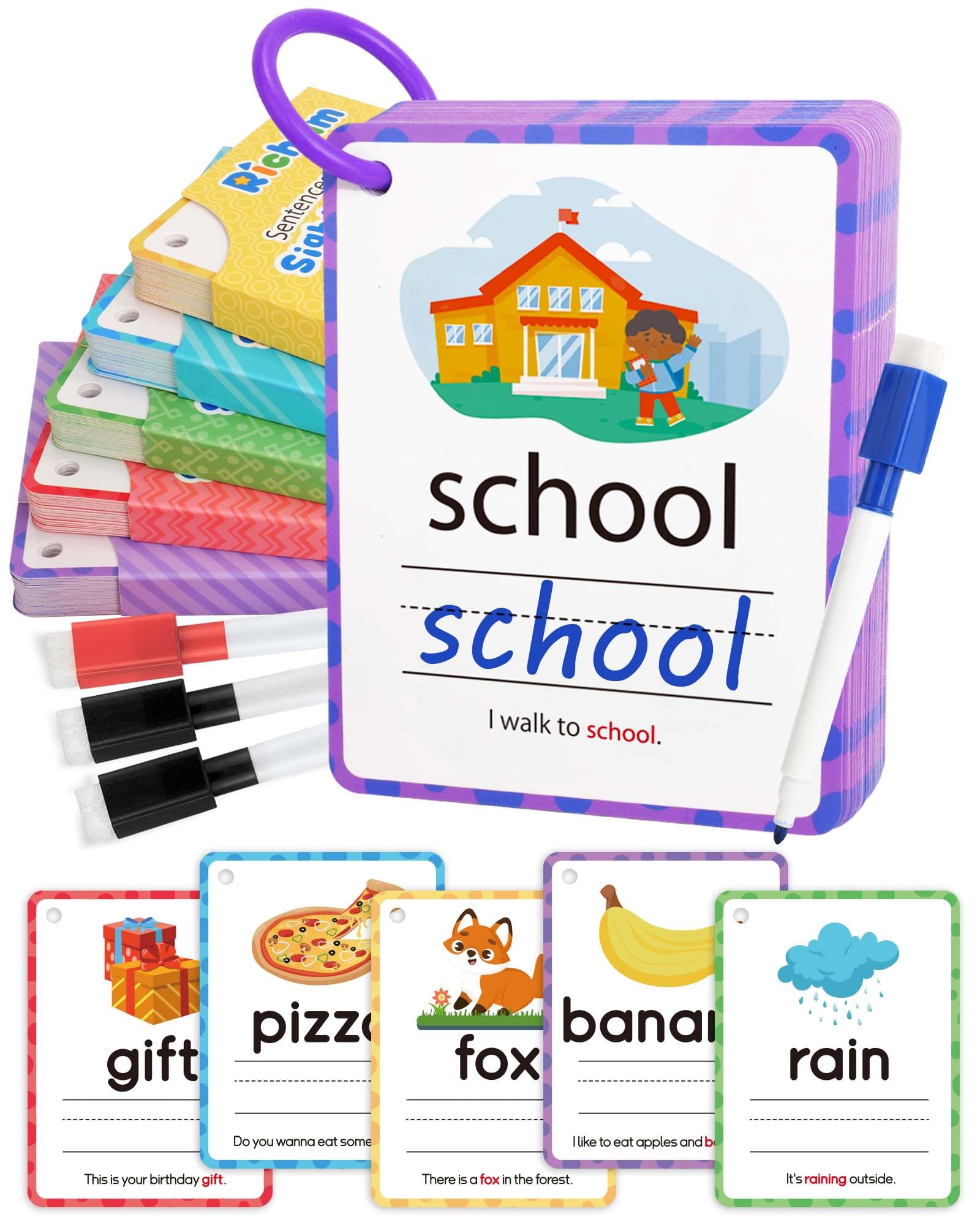 Sight Words Kids Learning Flash Cards: 300 Dolch Sentence Build Word Games, Reading Vocabulary Handwriting Practice Card with Picture, Educational Toy for Kindergarten Preschool 3 4 5 Year Old Toddler