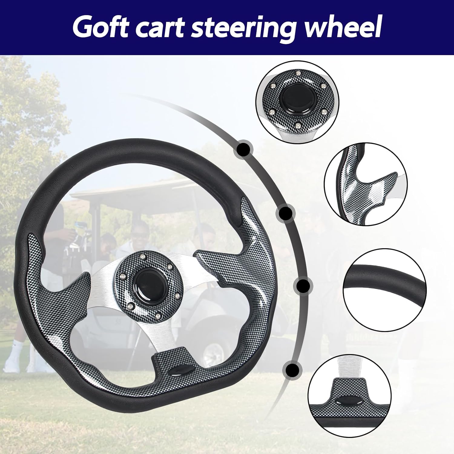 Carbon Fiber Grip Golf Cart Steering Wheel with Silver Aluminum Frame Universal Fit for Golf Cart Club Car DS and Precedent EZGO RXV & TXT, Yamaha