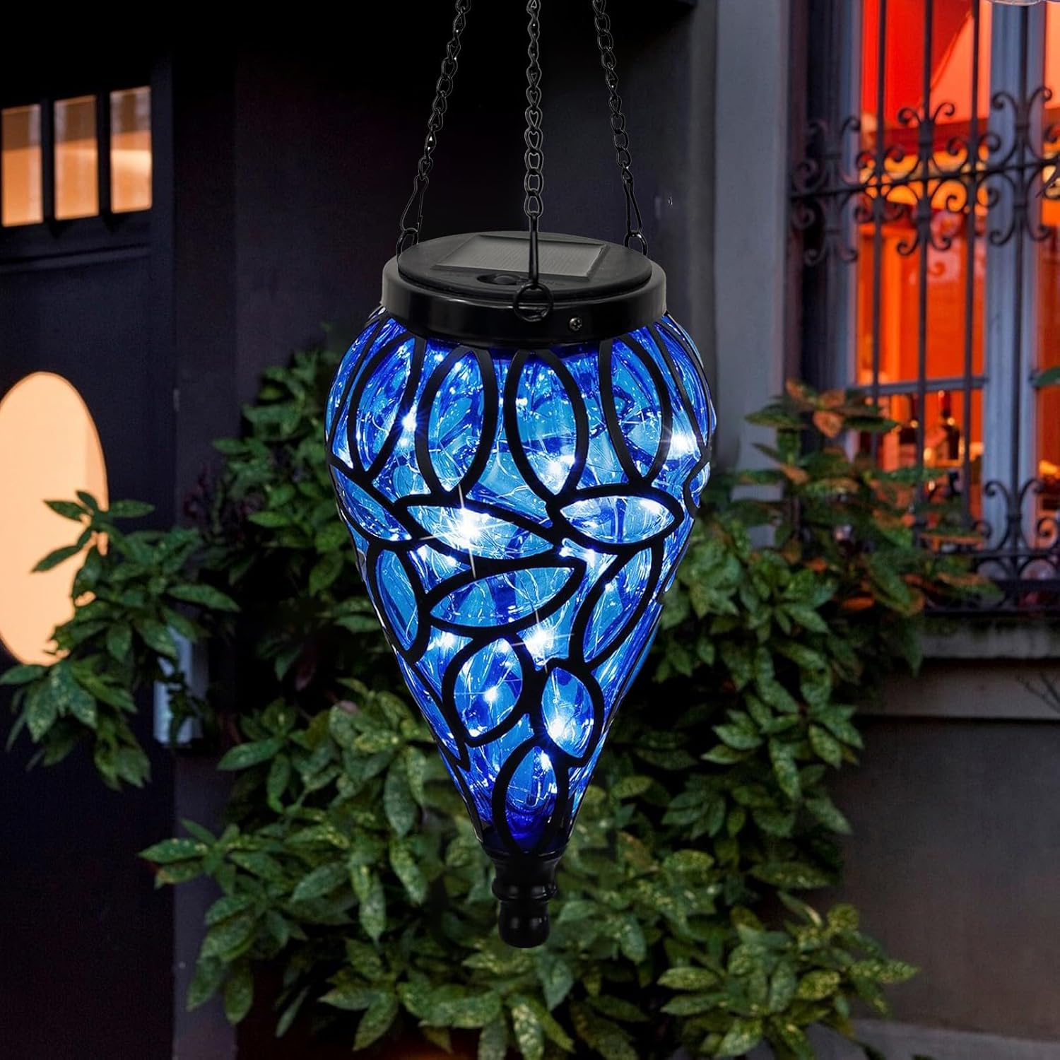 Solar Hanging Lantern Outdoor Lights, Solar Lanterns Decorative Outdoor,Tear-Shaped 15 LEDs Cool White Hanging Lights with S Hooks Decor in Garden, Yard, Pathway, Front Door, Blue