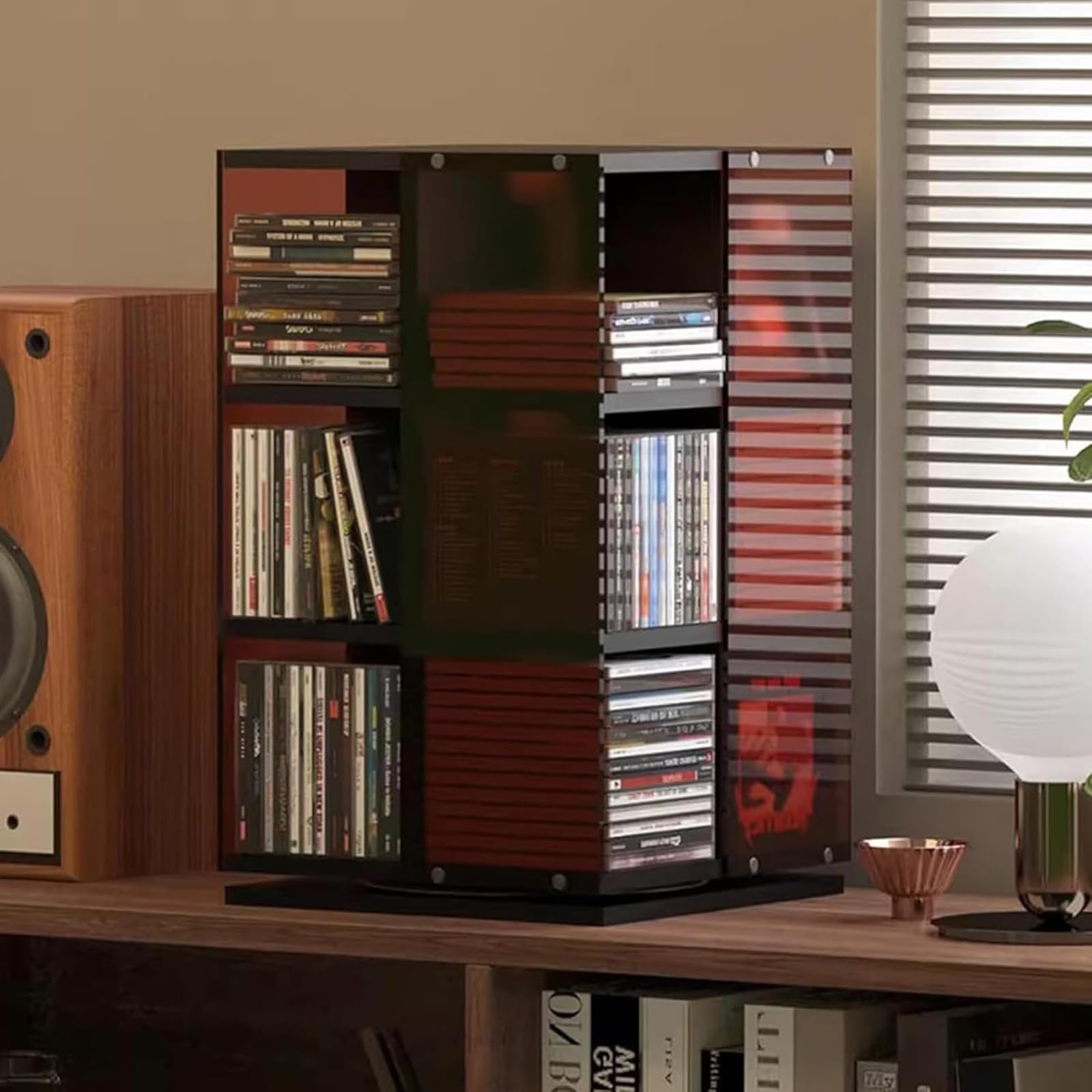 Porta Dischi in Vinile Girevole, Torre Porta CD Girevole A 360°, Display Aperto su 4 Lati, capacità 120 CD, Organizer Salvaspazio per Libri, Riviste E Dvd. A