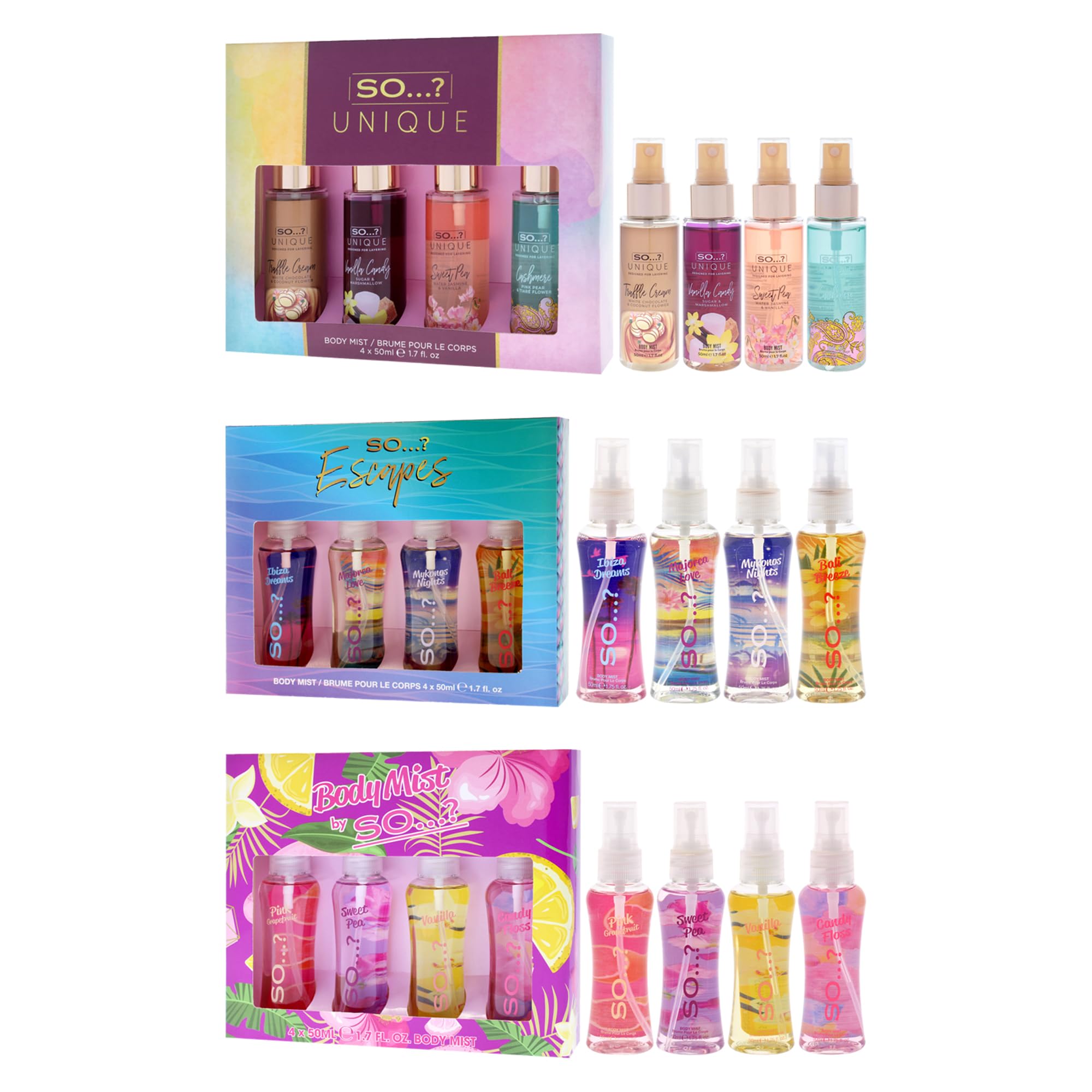 So…? Summer Escapes, Body Mist by So…? & Unique Womens Gift Sets Bundle, Body Mist Fragrance Spray (4x50ml) Pack of 3