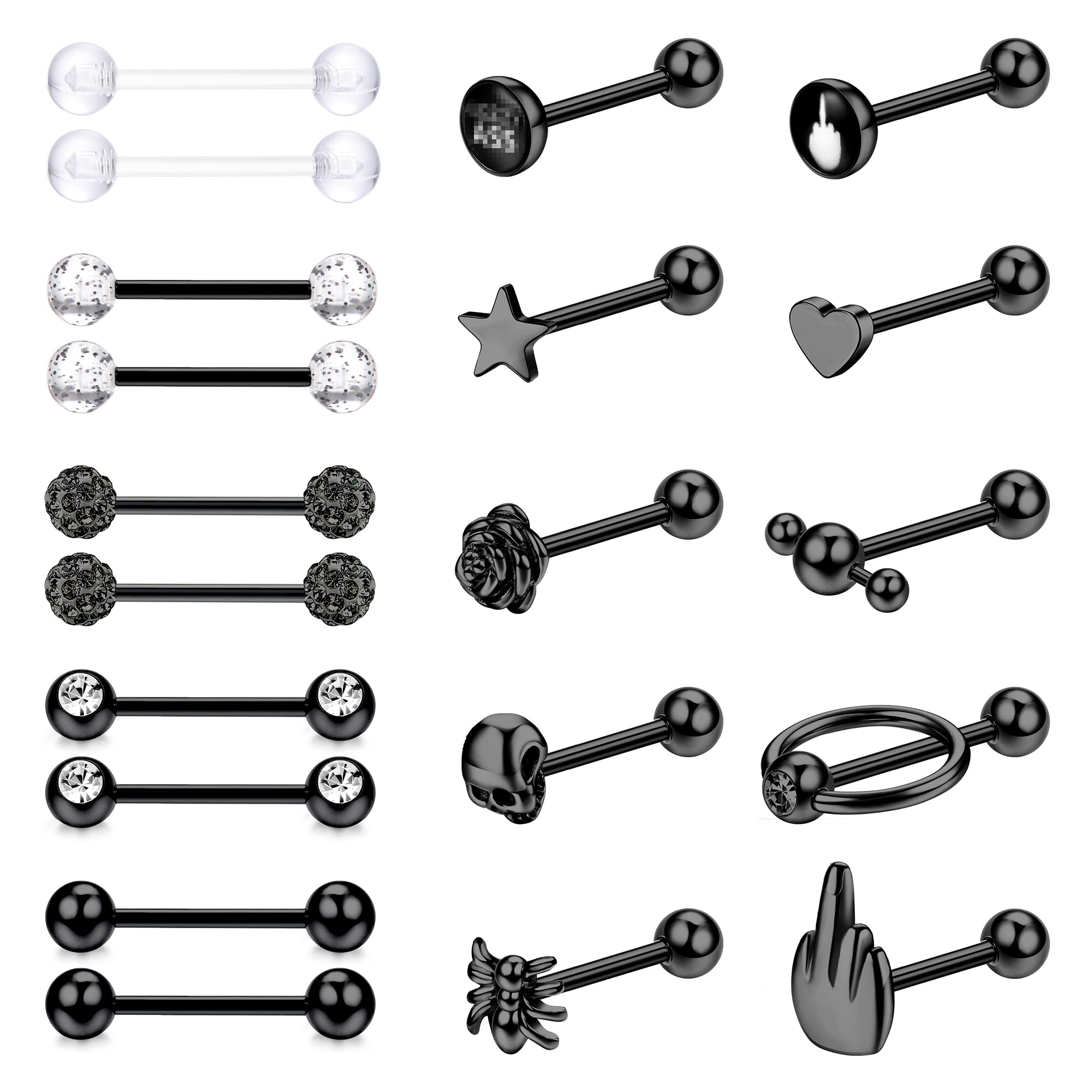 JeweBella 20 Pezzi 14G Piercing Lingua per Donna Uomo Acciaio Chirurgico Piercing Capezzolo Piercing Lingua Argento/Nero Piercing Barretta Gioielli 16mm