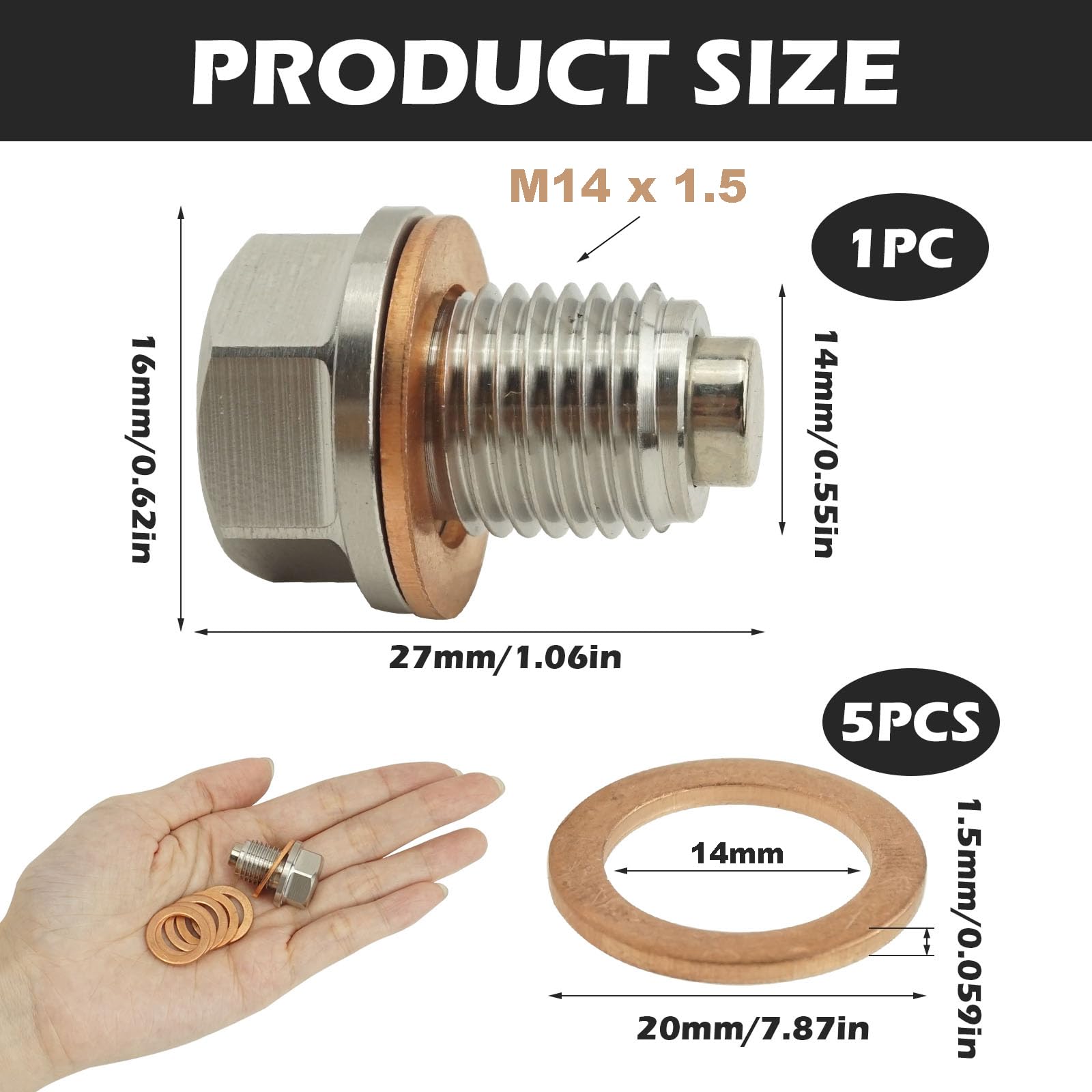 Bouchon De Vidange Magnétique M14x1,5 Avec 5 Joints Cuivre - Pour Voiture, Moto, Bateau, Protection Moteur