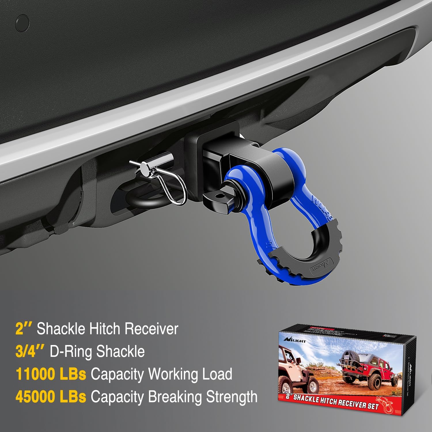 Nilight Shackle Hitch Receiver 2Inch 45000 LBs Breaking Strength 3/4" D Ring Trailer Pin Heavy Duty Solid Recovery Towing Kit for Trucks Jeeps Off-Road - Image 6