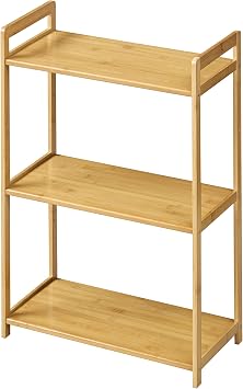 VECELO Open Shelf Storage Rack, Bamboo Storage Shelf, Width 19.1 x Depth 9.4 x Height 26.4 inches 48.5 x 24 x 67 cm, Oak, Multi-Purpose, Space Saving, Gap Space, Decorative Shelf, Easy Assembly