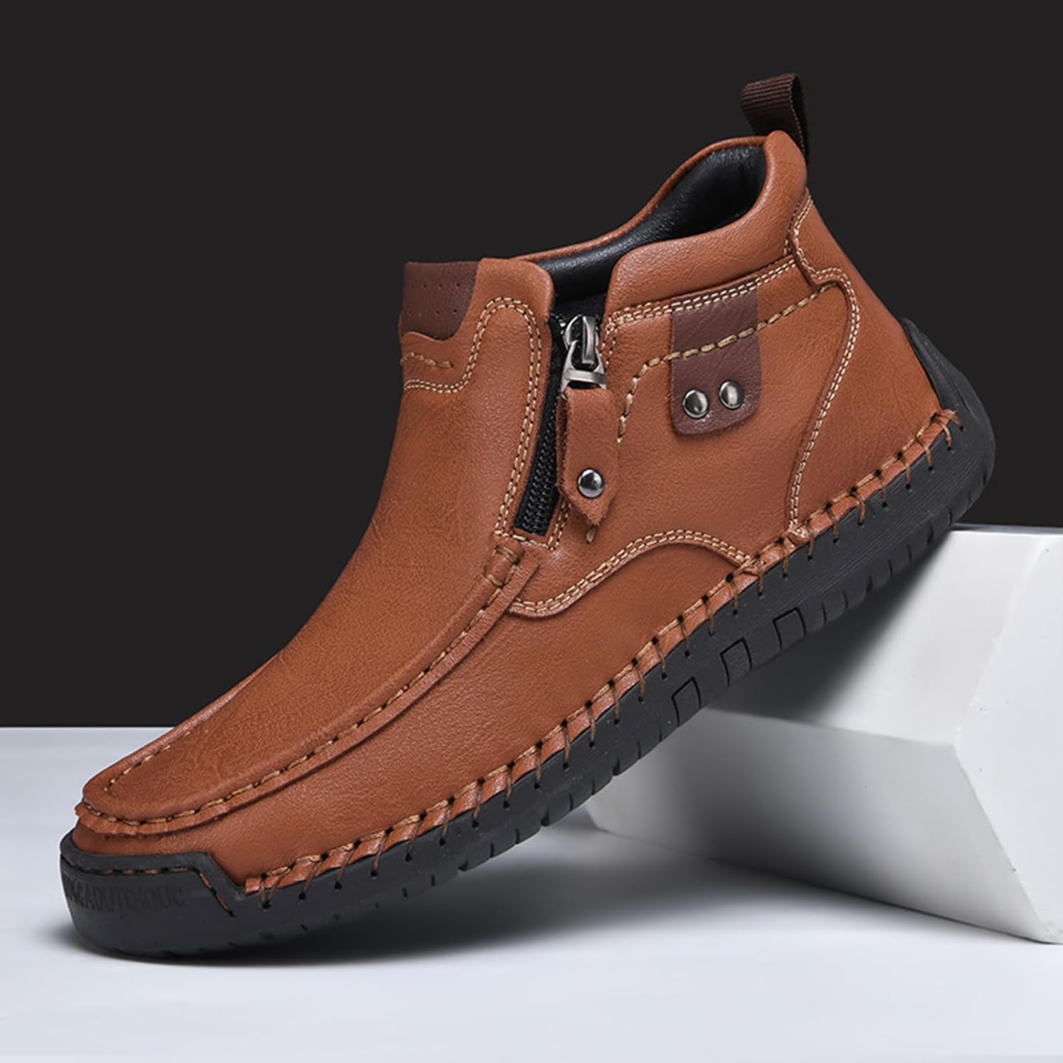 Men's Mid-top Slip On Chukka Boots,Vintage Leather Hand-Stitching Elastic Non-Slip Driving Walking Casual Dress Shoes