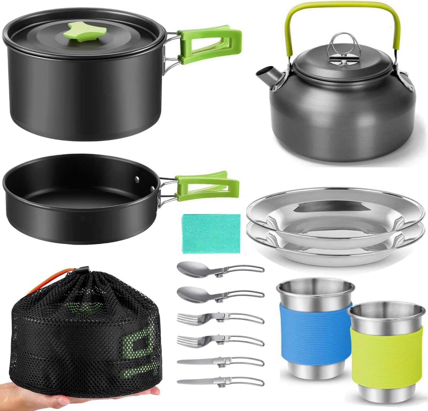 15pcs Camping Cookware Mess Kit,Non-Stick Pot and Pan Set with Kettle Stainless Steel Cups Plates Forks Knives Spoons Lightweight, Fork Spoon Kits for Backpacking, Outdoor Camping Hiking and Picnic