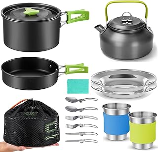 15pcs Camping Cookware Mess Kit,Non-Stick Pot and Pan Set with Kettle Stainless Steel Cups Plates Forks Spoons Lightweight, Fork Spoon Kits for Backpacking, Outdoor Camping Hiking and Picnic
