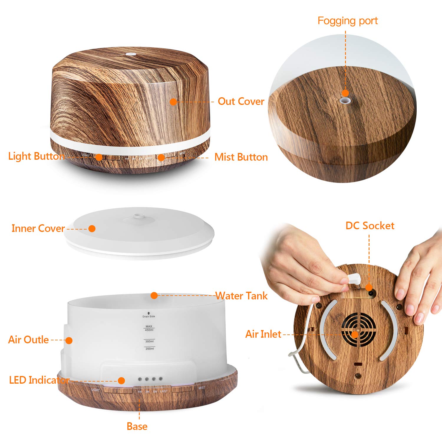 Essential Oil Diffuser 450ml, BAXIA TECHNOLOGY Aromatherapy Diffusers for Essential Oils Ultrasonic Humidifiers with Timer, Waterless Auto Shut-off for Large Room Office Yoga Spa (Dark Wood Grain)