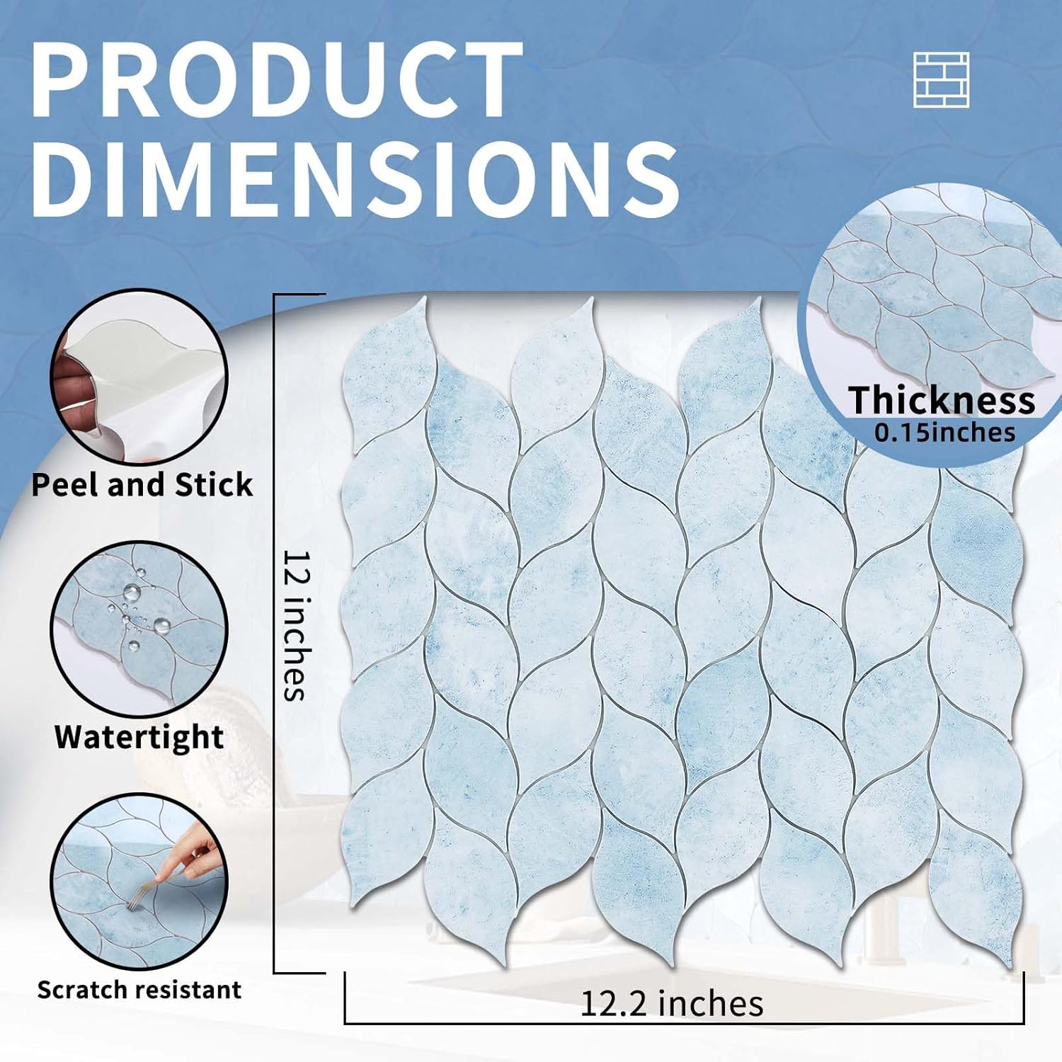 Tilingview 10-Sheet Peel and Stick Backsplash Tile for Kitchen, Self-Adhesive Mosaic Glossy Leaf Stick on Wall Tile with Gaps (Pastel Blue)