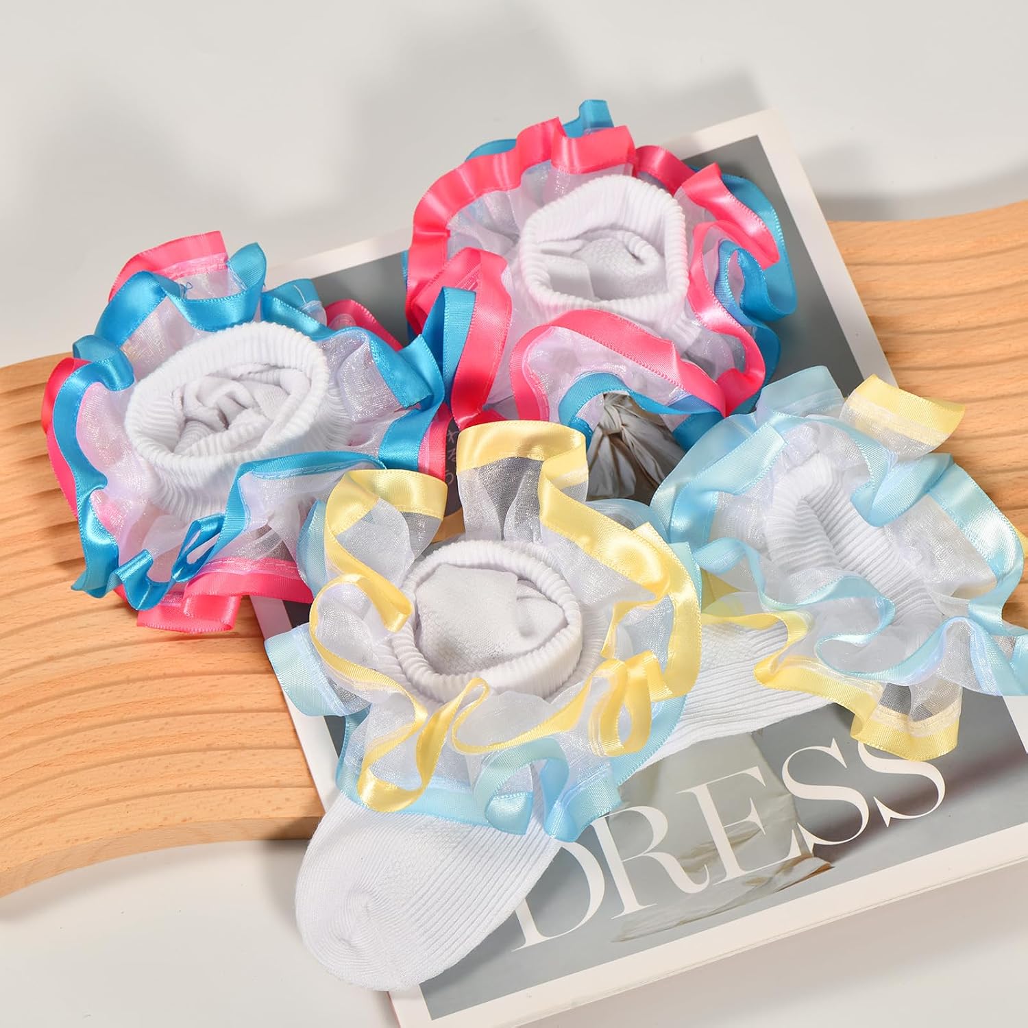 Toddler Girls Two Tone Lace Ruffle Socks Double Turn Cuff Frilly Fancy Dress Socks for Baby Girls 1T-3T/4T-6T/6-8T