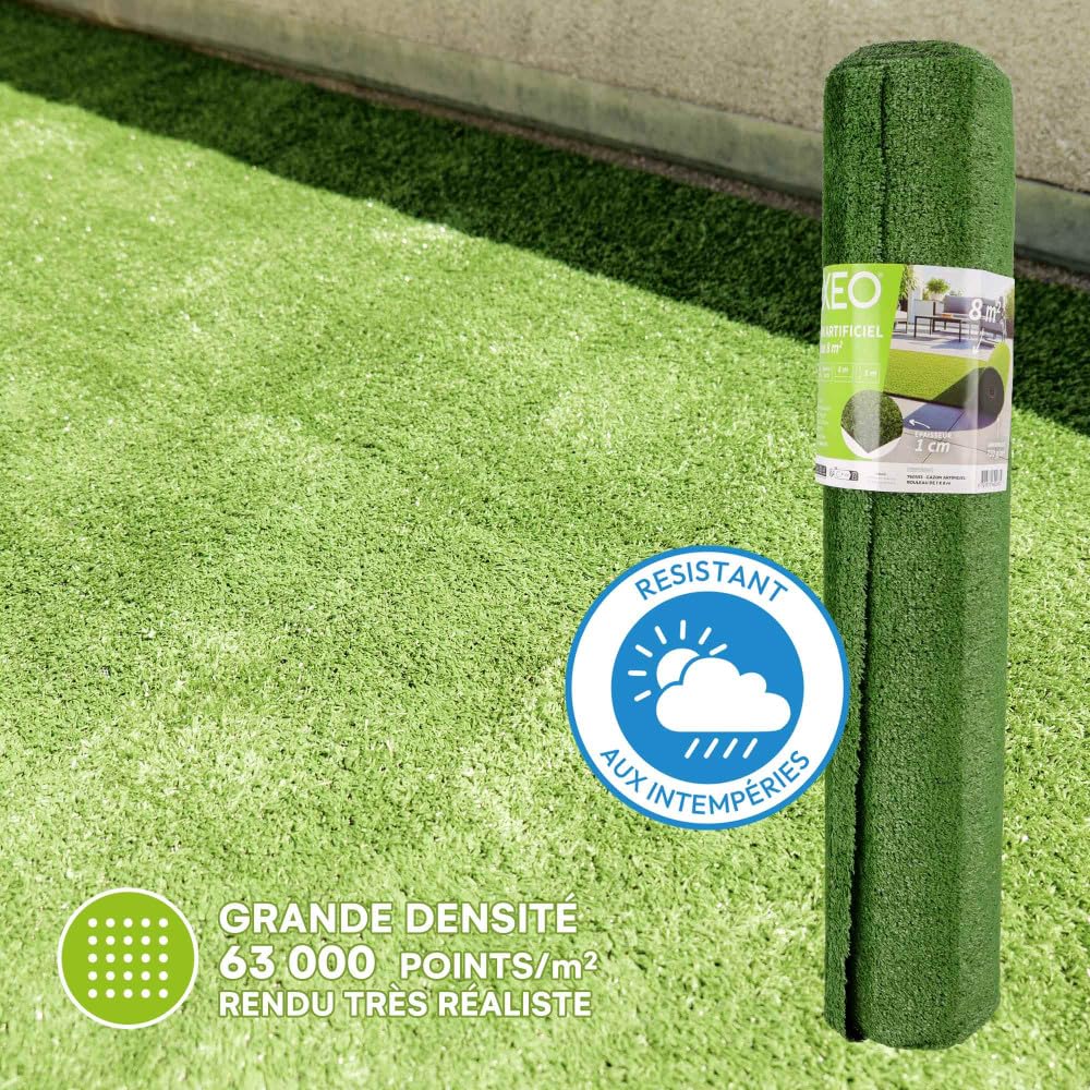 Oxeo Gazon synthétique Artificiel Rouleau 8m2-750g/m2 - Épaisseur 1cm - Pelouse synthétique Balcon, terrasse, Patio - Effet Naturel