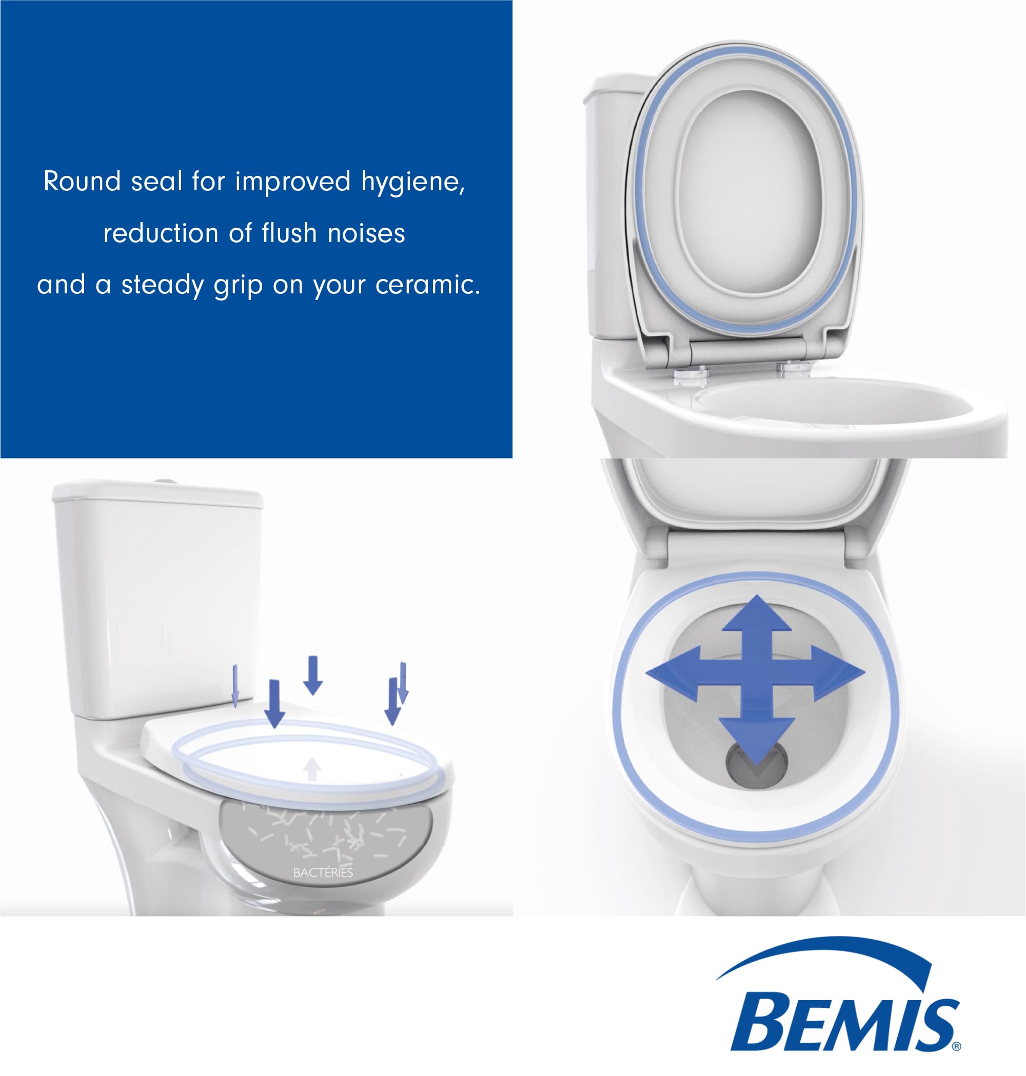Bemis Click&Clean® Silent | Soft Close | Doppio anello in silicone impedisce schizzi, odori, rumore, scivolamenti | brevettato rimovibile | facile installazione | antibatterico | bianco