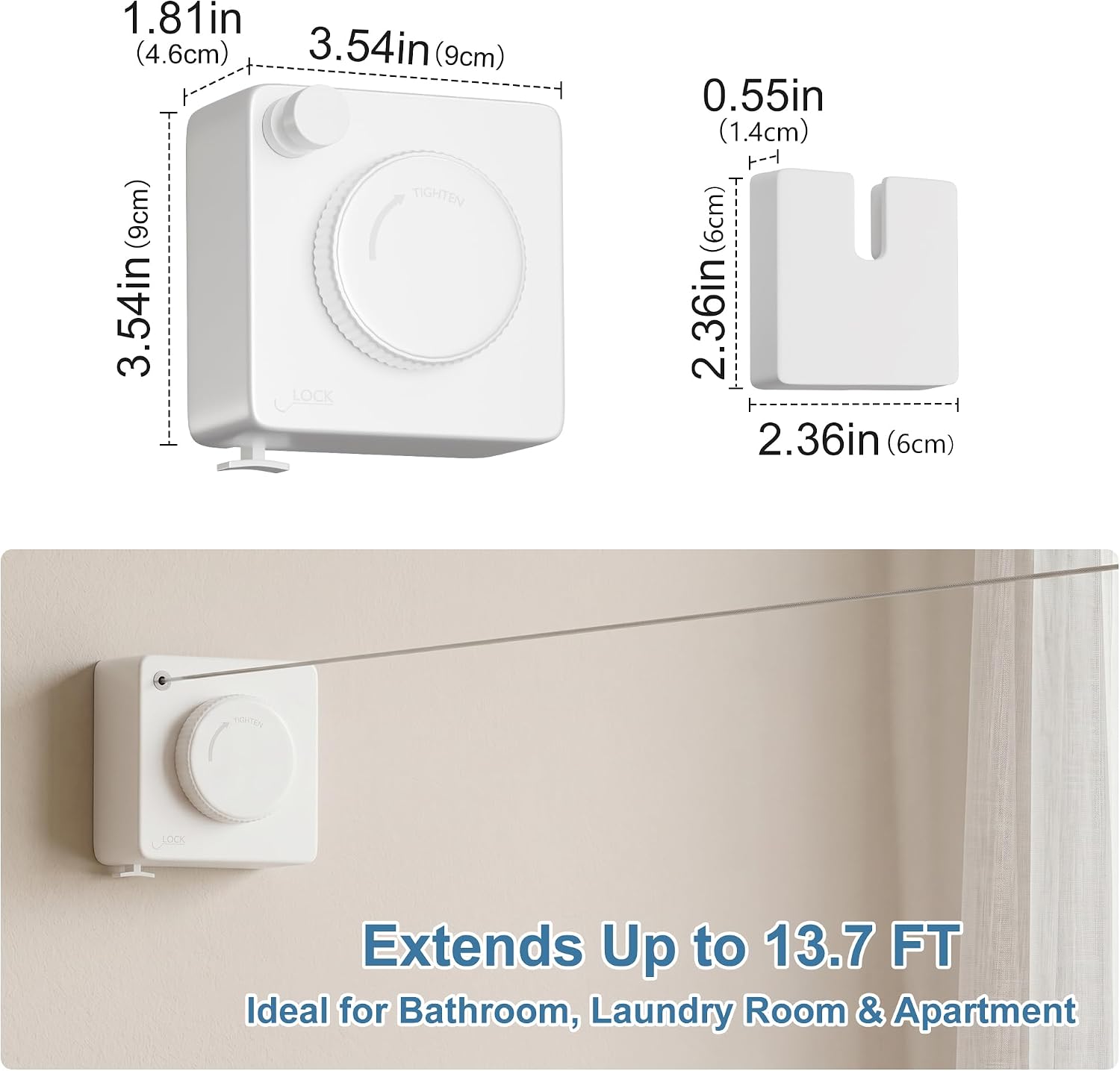 JOOM Retractable Clothesline Indoor, 13.7 FT Wall Mounted Single Line Laundry Line, Heavy Duty Stainless Steel Clothesline with Anti-Sag Lock for Bathroom, Laundry Room, Apartment, White