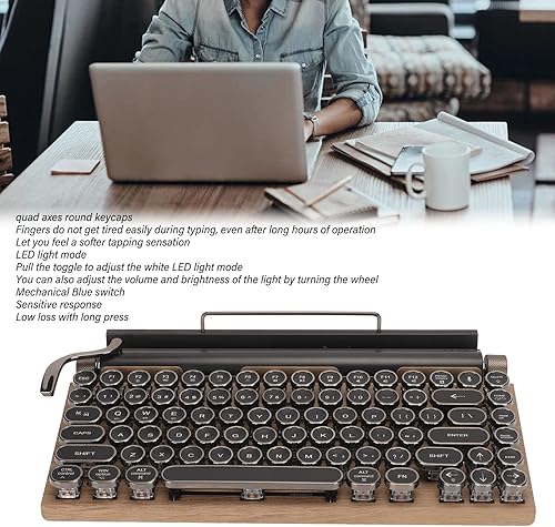 Miniatura 3 de Teclado de máquina de escribir retro, 83 teclas, teclado mecánico Bluetooth inalámbrico vintage con retroiluminación LED RGB, teclados azules para