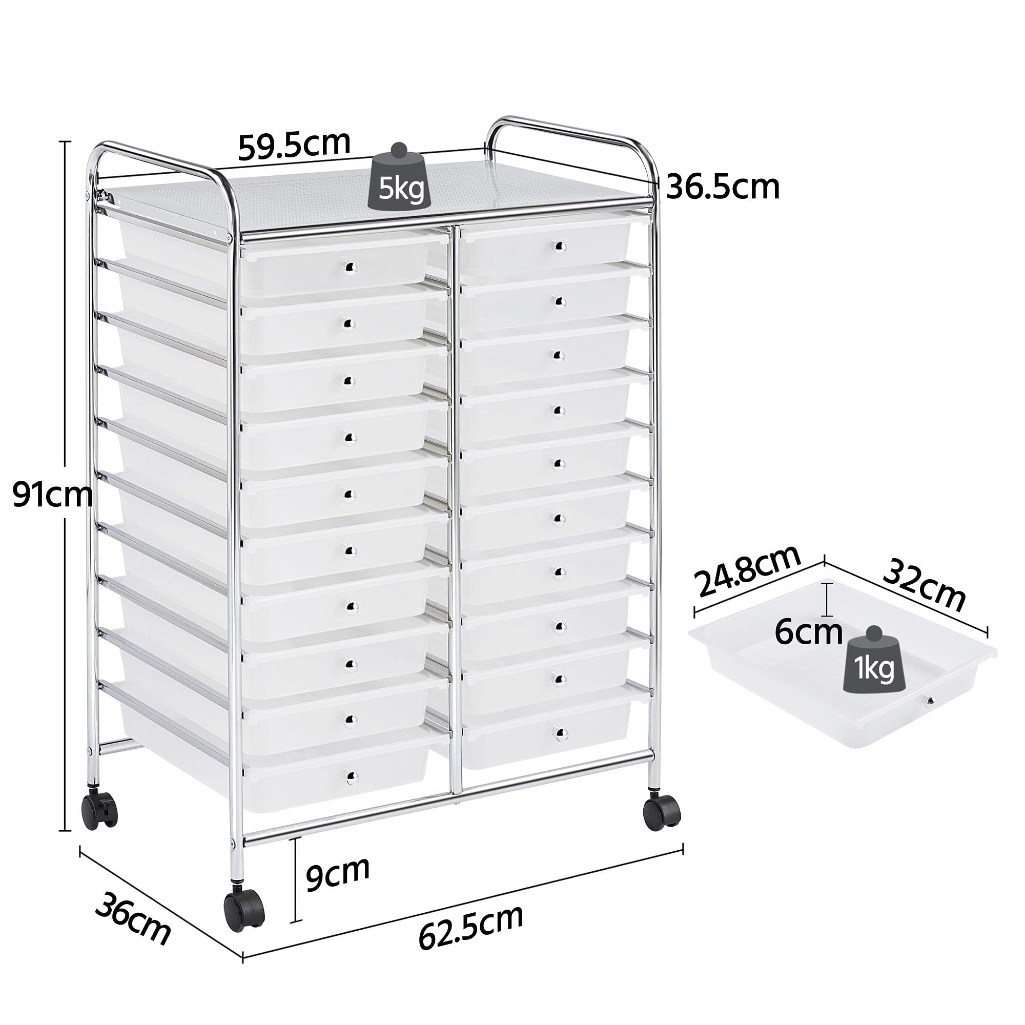 Yaheetech Caisson sur roulettes Chariot avec 20 tiroirs en Plastique Blanc Meuble de Rangement pour Salle de Bain Cuisine 62,5 x 36 x 91 cm