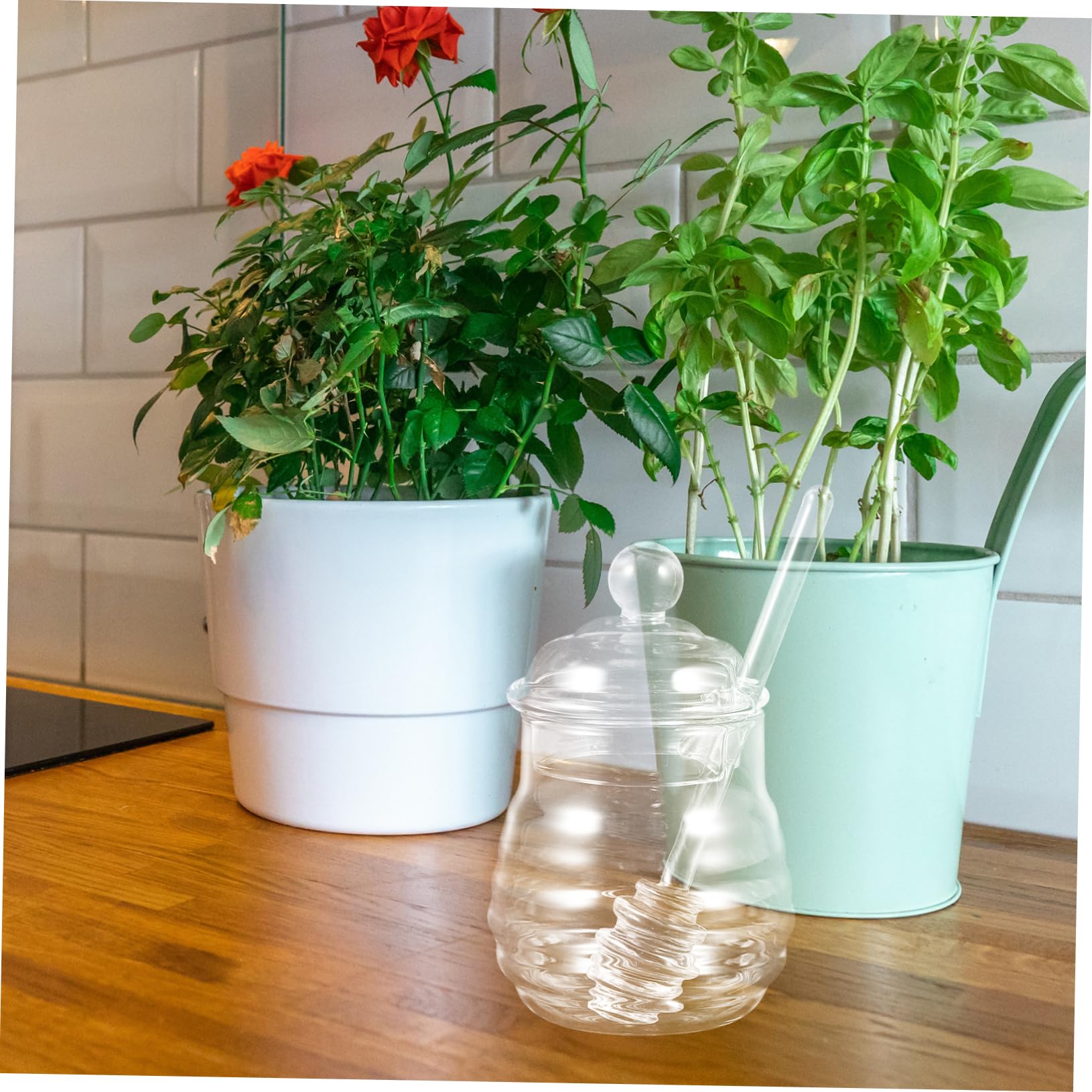 OUNONA Clear Glass Honey Pot Set with Dipper and Lid Airtight Design for Home Kitchen Use Premium High Borosilicate Glass Honey Jars for Easy Dispensing