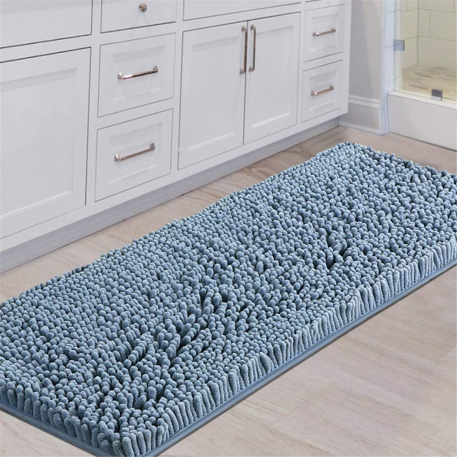 FASCINATDECO Thick Bathroom Rugs Anti-Slip Chenille Bath Mat for Bathroom Ultra Plush Fluffy Shag Bath Rugs Absorbent Washable Dry Fast Floor Mat for Door Kitchen (Light Blue,120 x 43 cm)