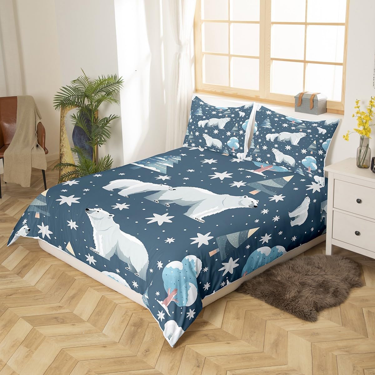 Polar Bear Duvet Cover Set Toddler,Cartoon Winter Jungle Bedding Set 2Pcs for Kids Boys,Cute White Bear Comforter Cover (NO Comforter),Abstract Trees Snowflakes Bedding Set 2 Pcs with 1 Pillowcase
