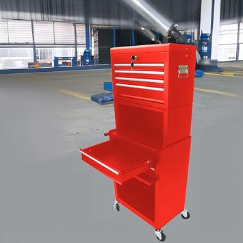 Metal Tool Box with Wheels - 6-Drawer Tool Storage Cabinet, Red