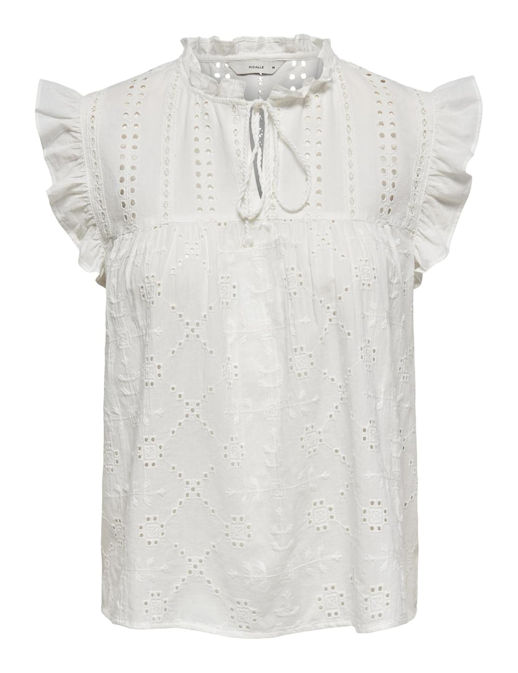 ONLY Ladies Ruffle Sleeve Broderie Embroidery Drawstring Neck Blouse, White, XS
