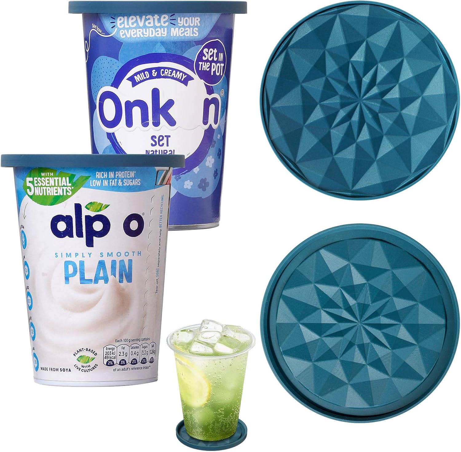 Yoghurt Lid 500 g Reusable Silicone Lid Yoghurt Cup Large Silicone Lid Reversible to Use as a Coaster Suitable for Cup Lids Coasters 2 Blue