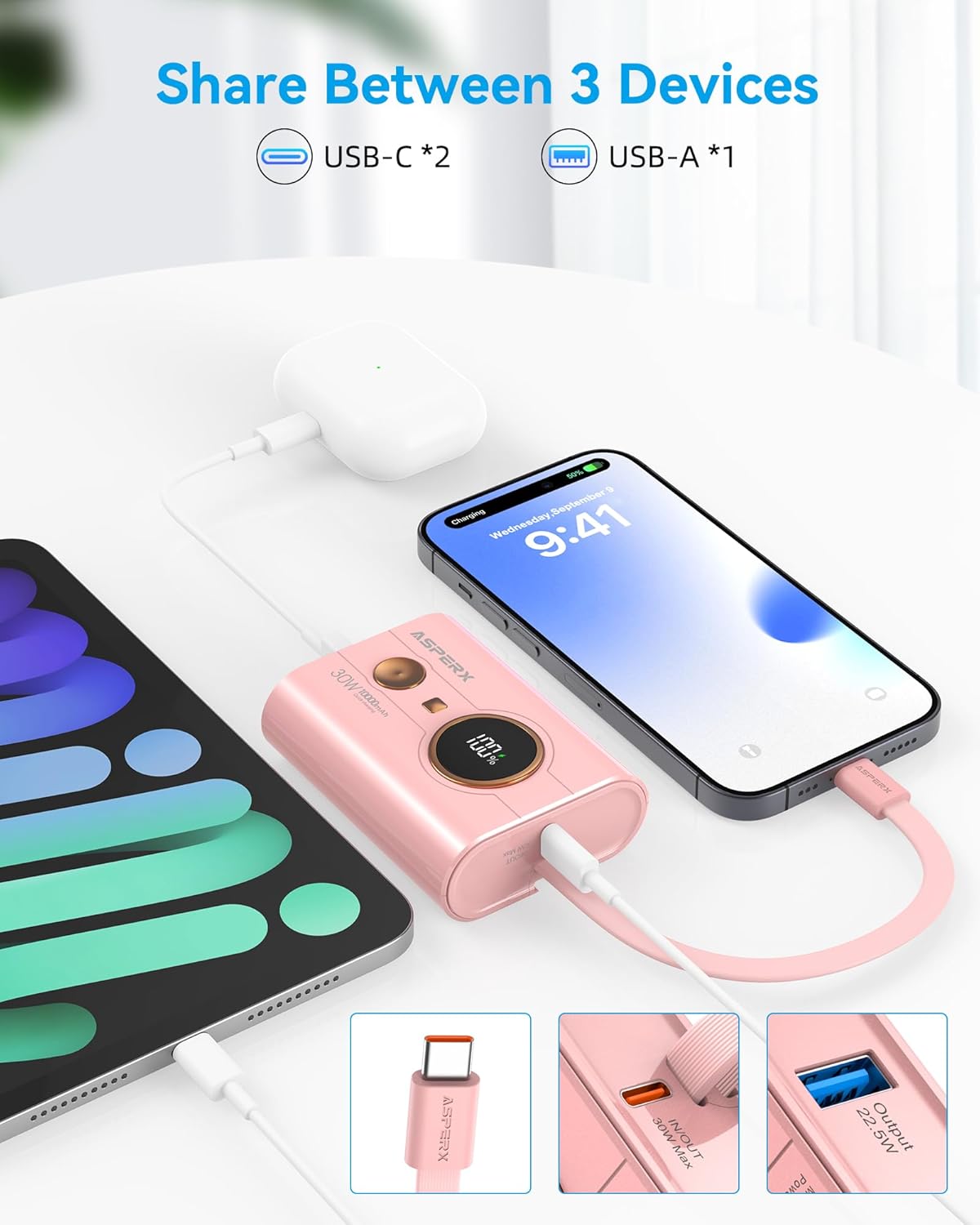 AsperX 10000mAh Mini Power Bank charging multiple devices