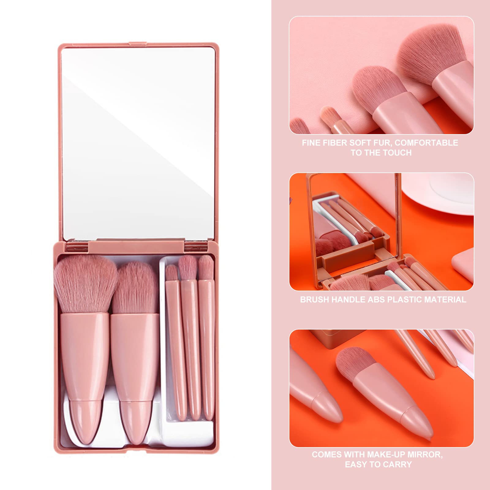 5pcs Portable Makeup Brushes,Premium Synthetic Brush with Mirror Box Professional Foundation Eye Shadow Blush Makeup Brush Travel Face Kabuki Makeup Brush Kits for Travel Daily Date Stage Touch-up - Image 3