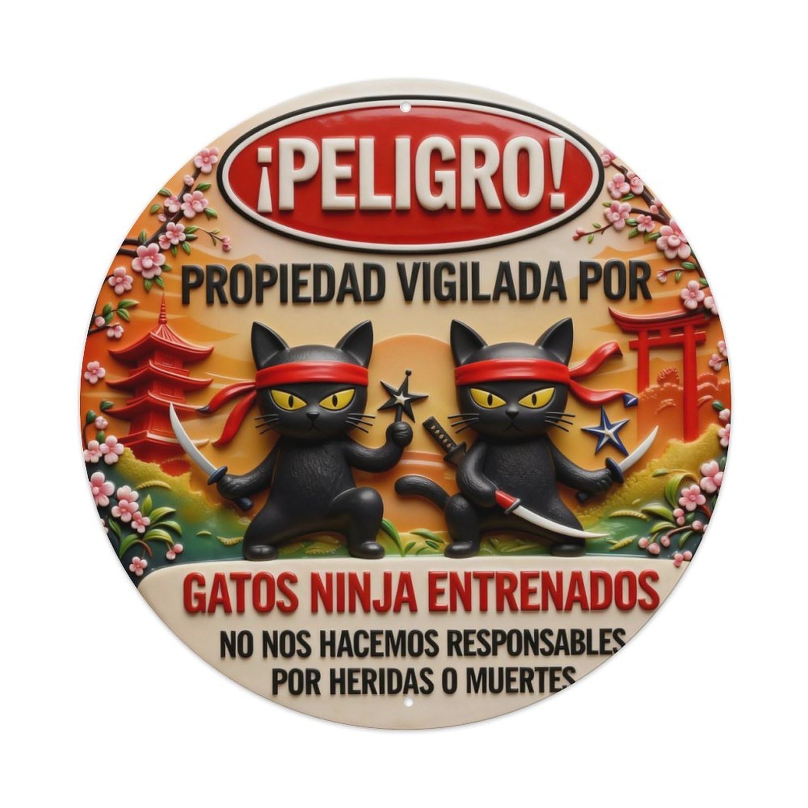 Ninja Cats Warning Sign Round Metal Tin Sign Vintage Wall Decor, Bar Garage Cafe Kitchen Home Wall Art Poster 8x8inches