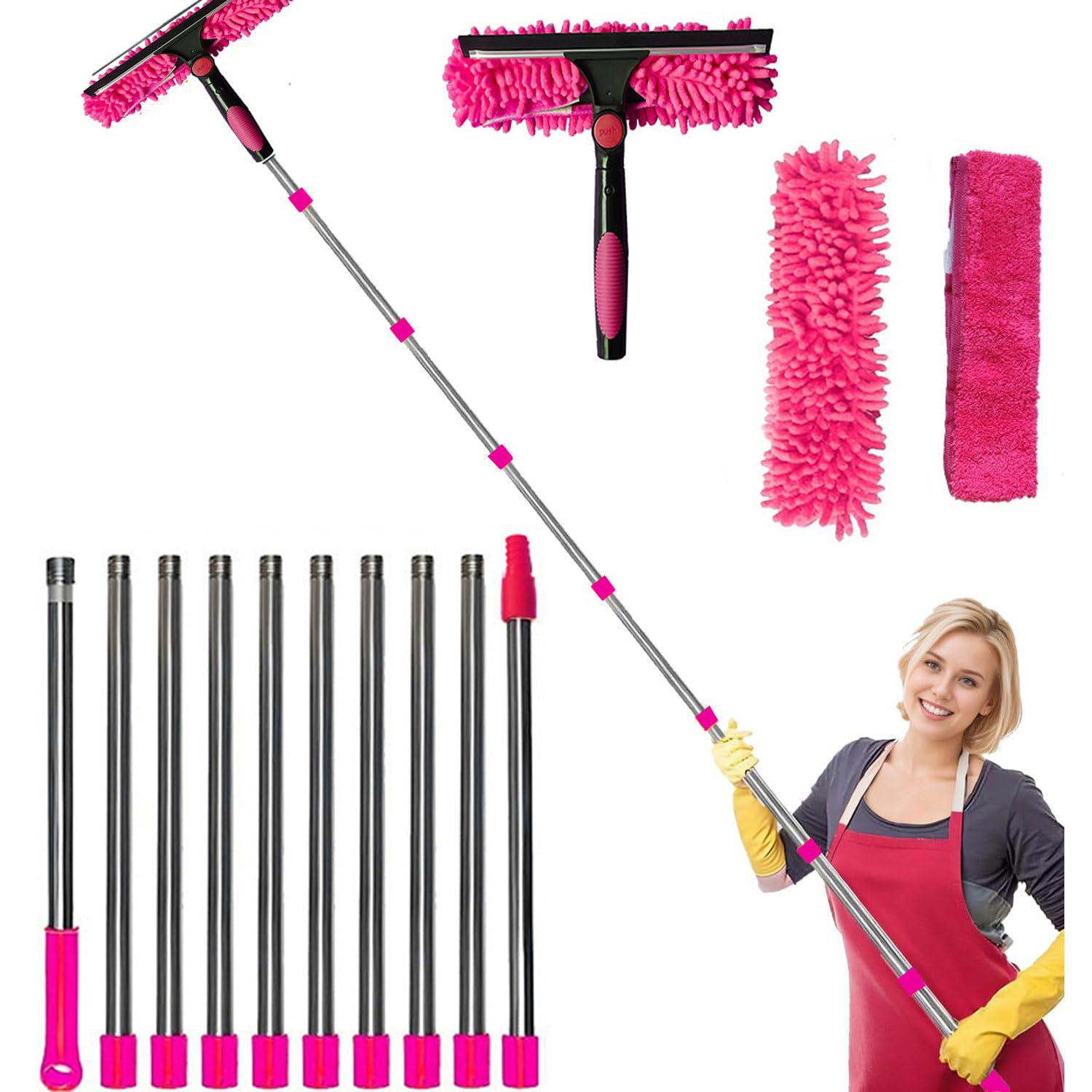 2 en 1Professionnel Raclette Vitre Kit Nettoyage Vitre avec Chiffons Microfibres et Manche Telescopique Lave-vitres Télescopique avec Tête Flexible pour Panneaux Solaires Toits et Vérandas