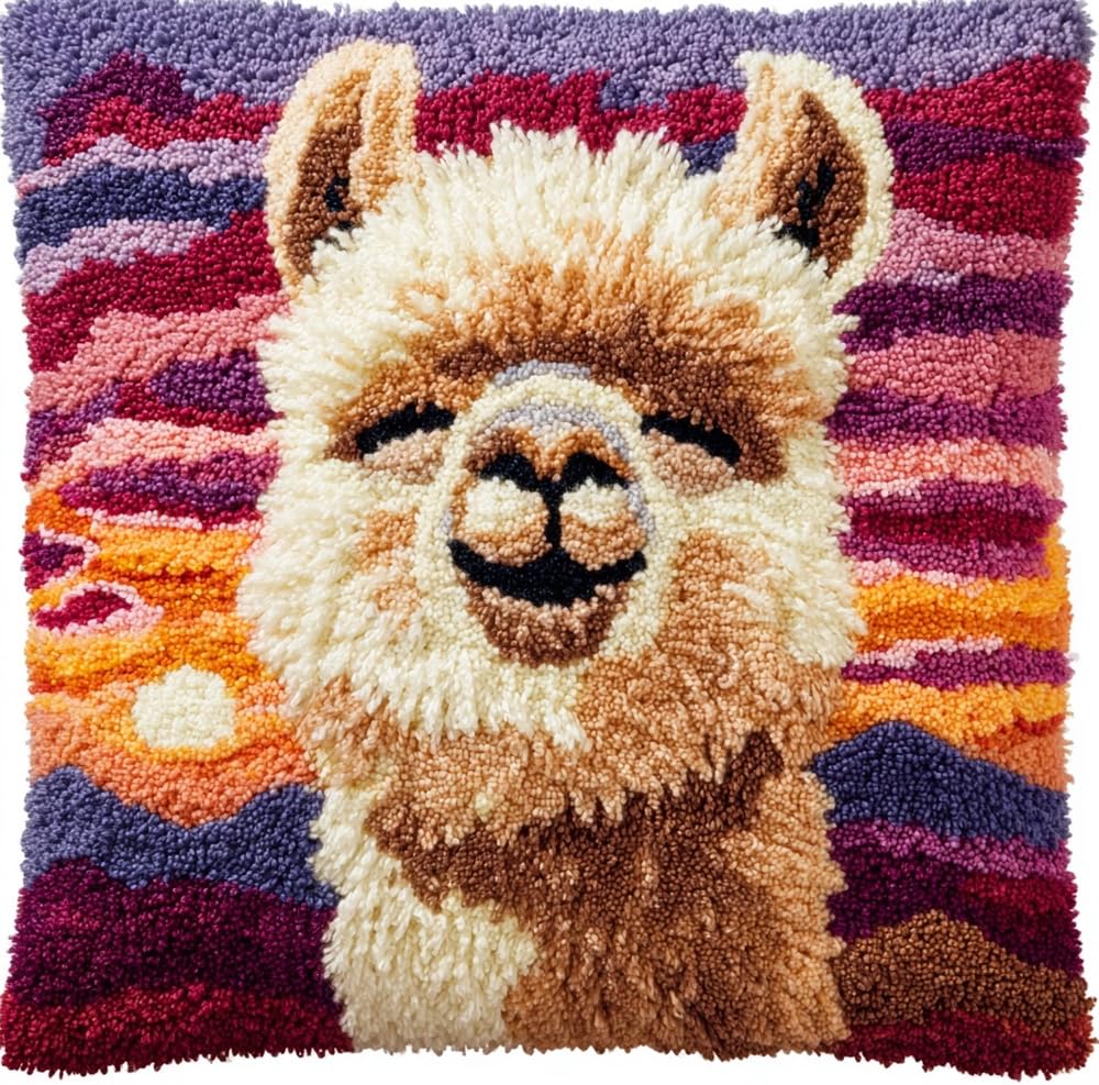 FWRTYCB DIY Latch Pillow Case Kits Smiling Alpaca At Sunset Crochet Cushio