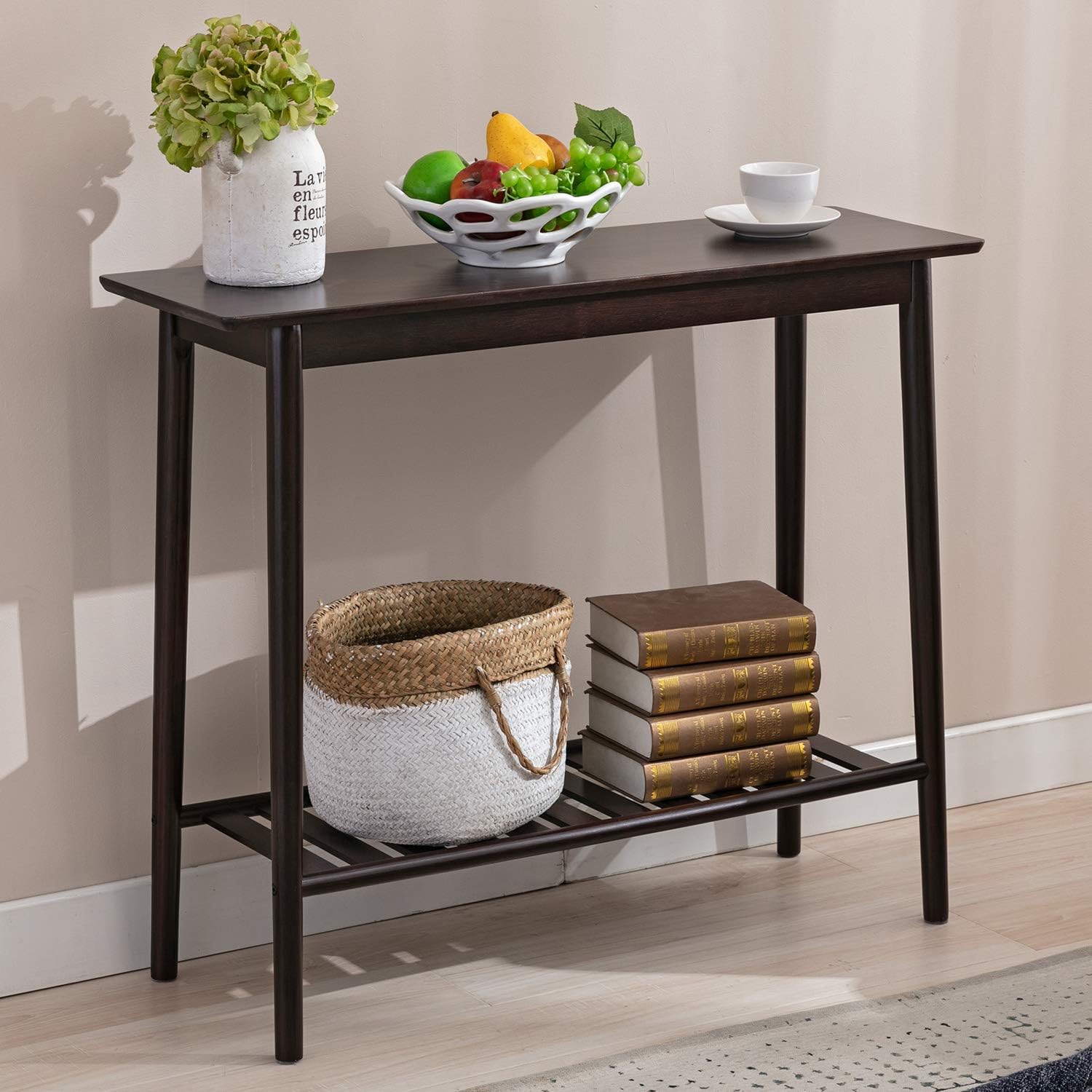 Nnewvante Console Table Mid Century Modern Bamboo Entryway Sofa Table with Shelf for Entry Hallway Living Room 37.4" Long
