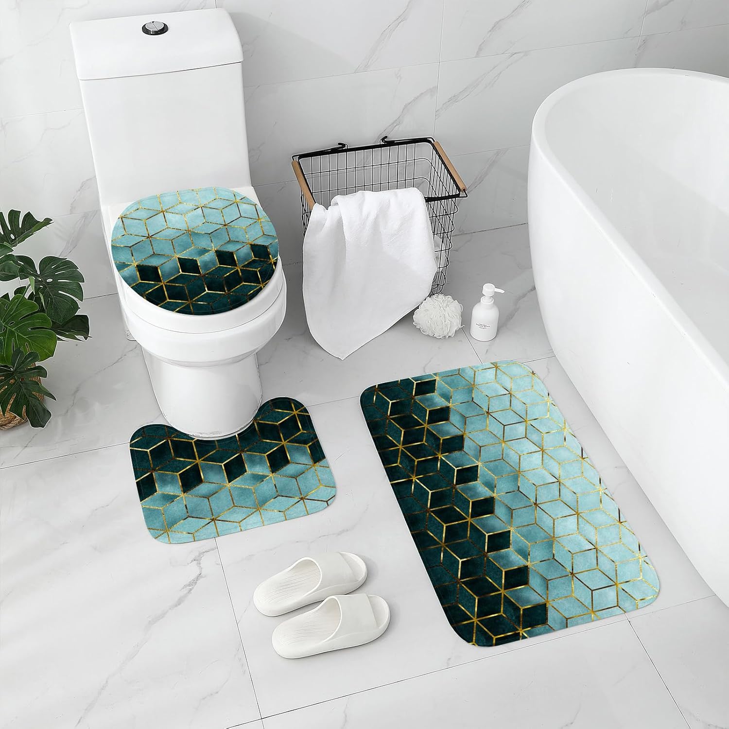 Gibelle 4 Pcs Bathroom Shower Curtain Set with Non-Slip Rugs, Toilet Lid Cover and Bath Mat, Teal Gradient Gold Cubic Lines Luxury Bathroom Decor Set with Shower Curtain and Rugs and Accessories