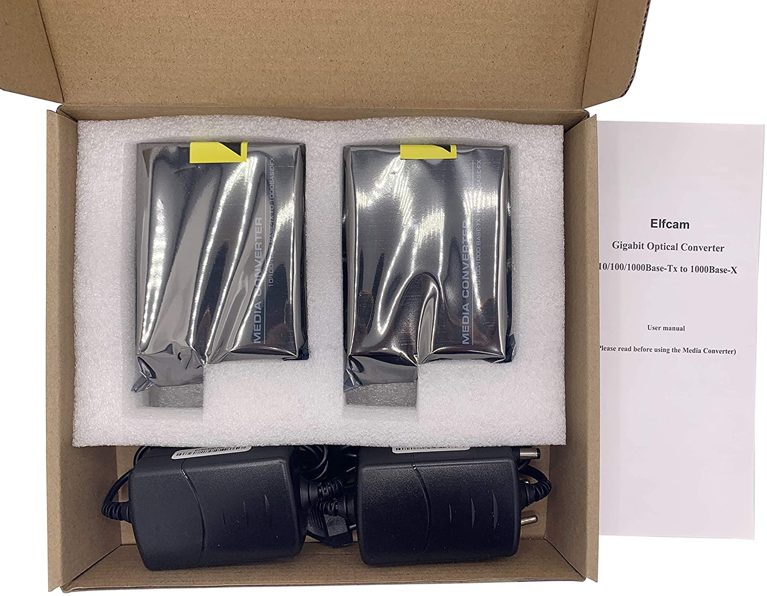 Elfcam® - 1 Pair Gigabit Fiber Ethernet Converters 1000M/100M/10M, SFP Media Converter Included, Up to 20KM Distance on Single Mode SC Fiber Optic (1 RJ45 Port *1 RJ45 Port)