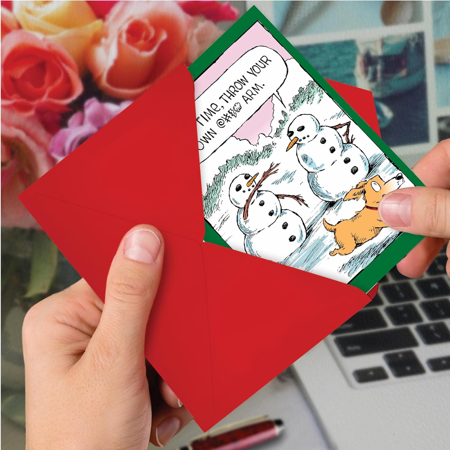 NobleWorks - 12 Cartoon Merry Christmas Cards - Funny Holiday Humor Greetings, Boxed Notecard Set with Envelopes (1 Design, 12 Cards) - Snowman Arm C4336XSG-B12