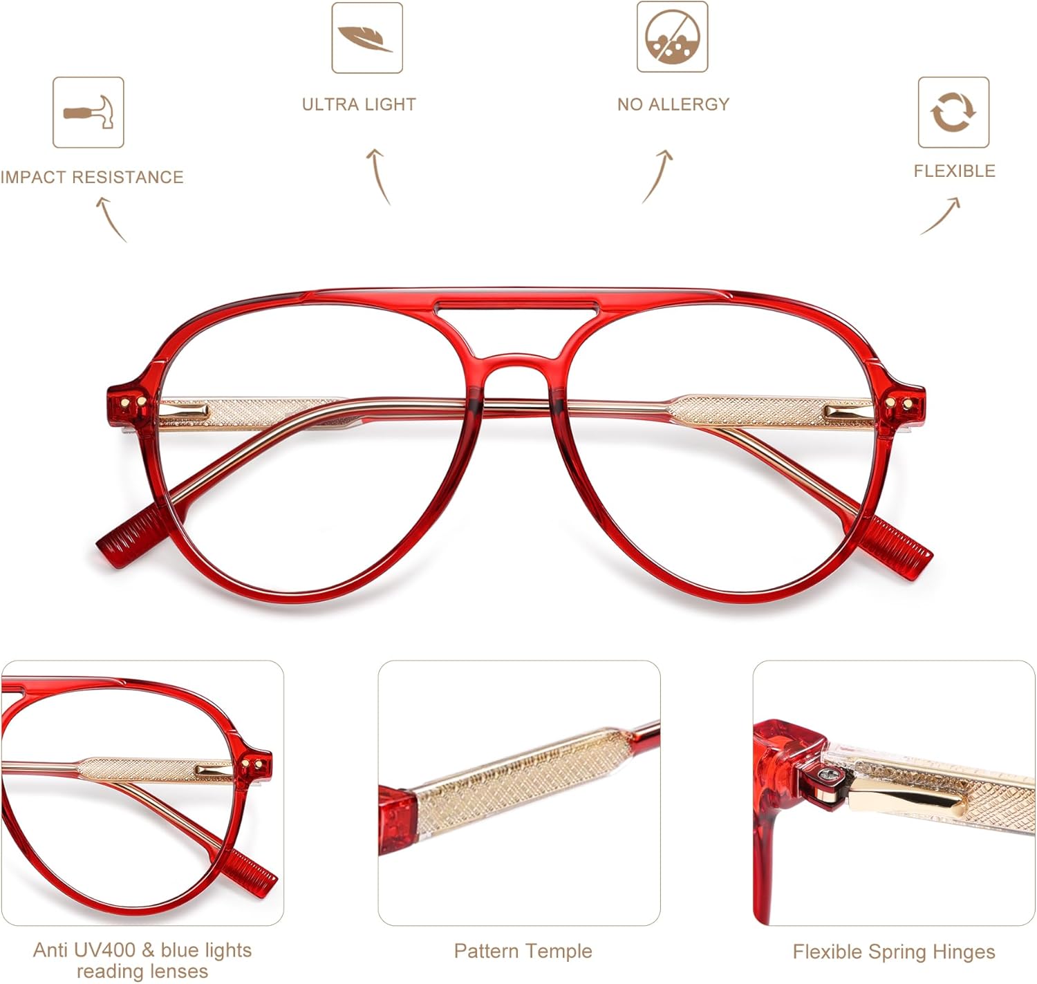 AMOMOMA Retro Blue Light Aviator Reading Glasses for Women Men,Vintage Computer Reader Frame 2.0 1.5 AM6155 - Image 4