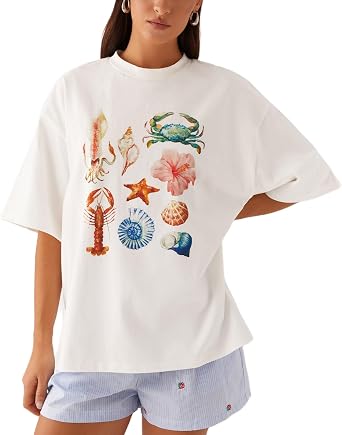Women Teens Girl Oversized Graphic Shirts Short Sleeve Floral Baggy Tees Y2K Cute Aesthetic Summer Coastal Tops
