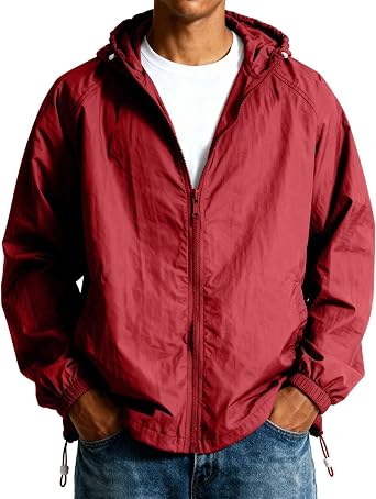 Men Waterproof Jackets with Hood Lightweight Packable Rain Jacket Softshell Summer Windproof Raincoat Portable Windbreake Outdoor Pullover Top for Hiking Running Cycling Walking