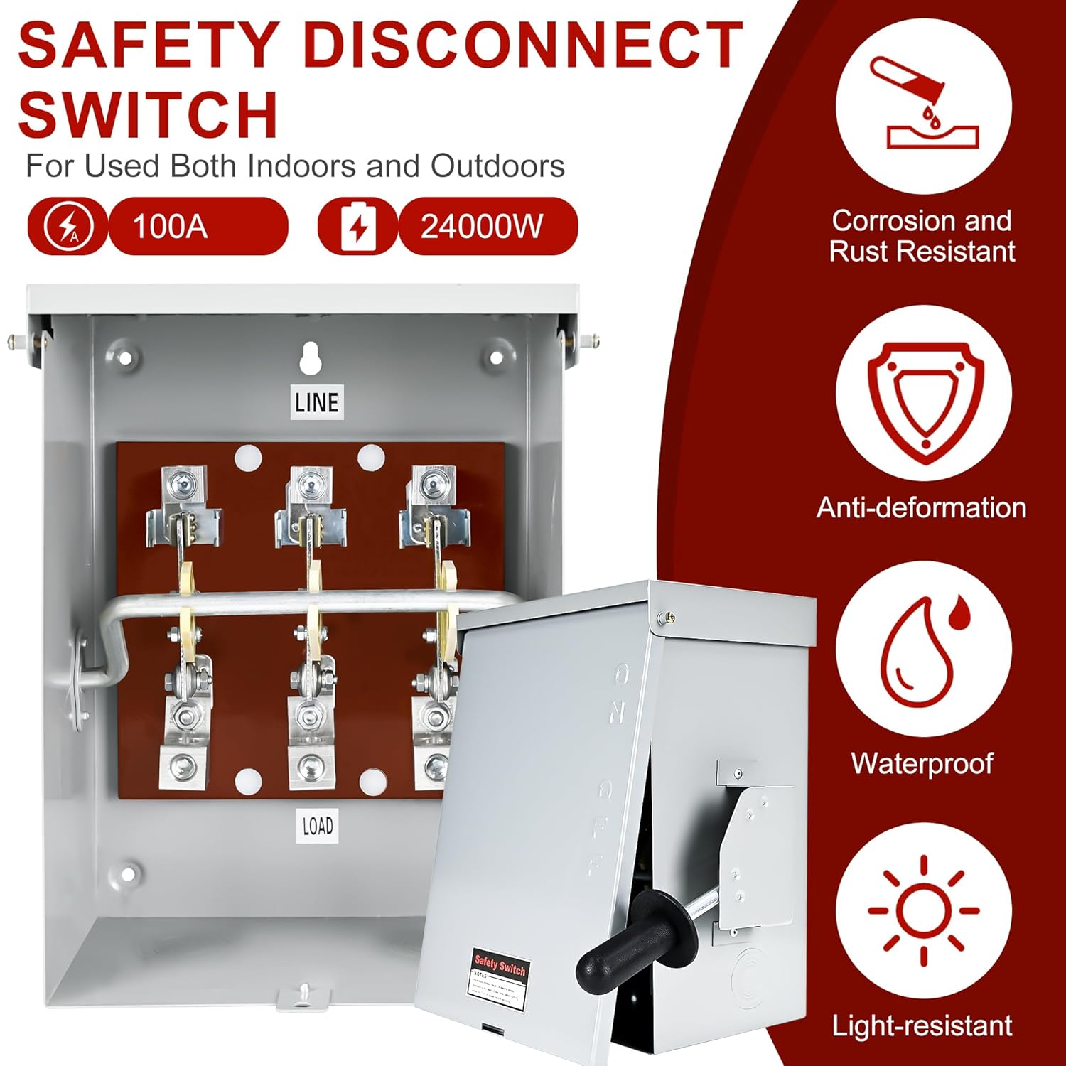 100-amp, 3 pole 120v/240v general safety switch, non-fused ac disconnect switch box, outdoor&indoor, nema-3r enclosure, anti corrosion and rust prevention with ground kit (100a) 100a-3p