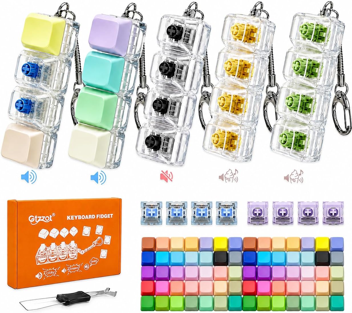 Keyboard Fidget Toy 5 Pack, Clicky/Creamy/Silent Sounds, 90 Keycaps