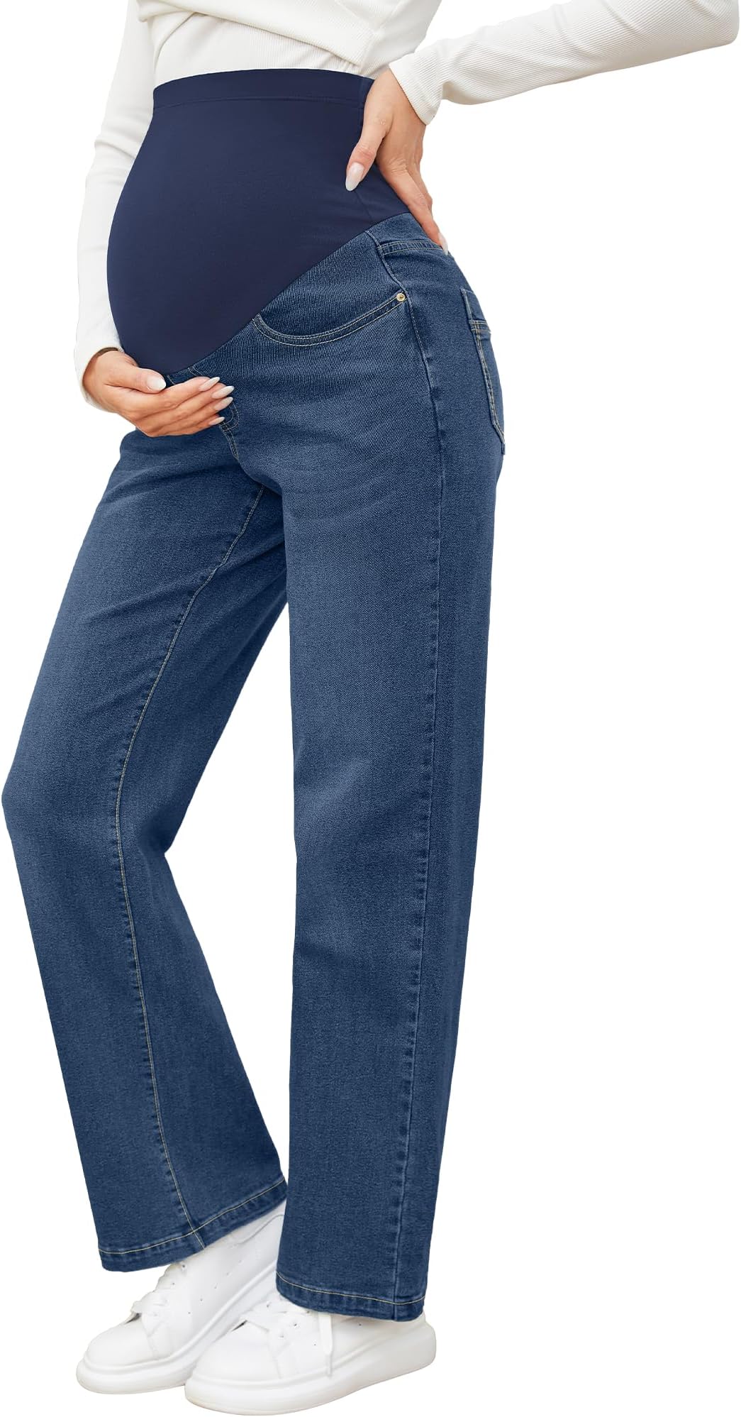Women's Maternity Jeans Straight Leg Relaxed Fit Over Belly Pregnancy Denim Work Pants Maternity Clothes with Pockets
