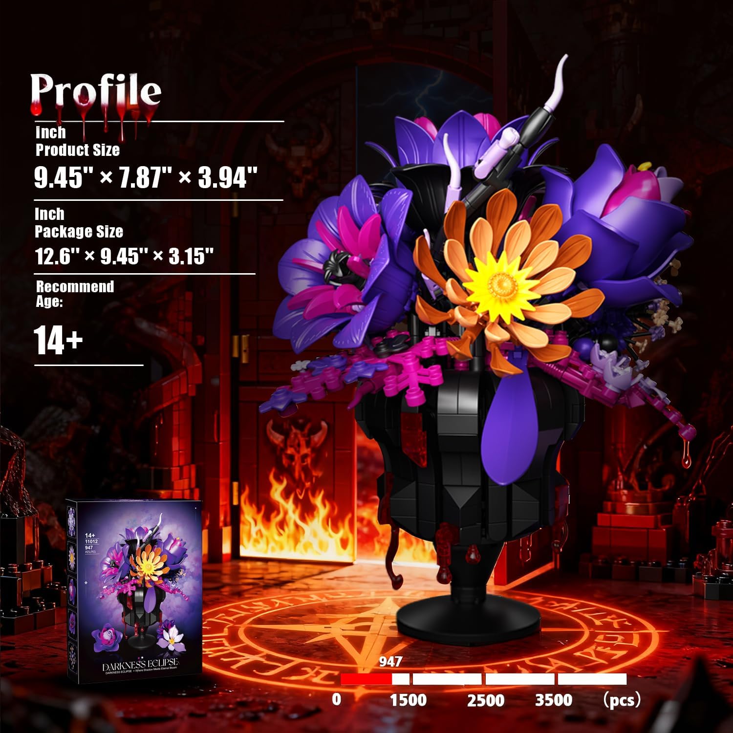 Gothic Rose Bouquet Building Set with Bleeding Vase, Purple Rose Gothic Flowers Building Toy, Horror Home Decor Compatible with Lego Flowers Sets, Halloween Decorations Gift for Adults, 947 PCS