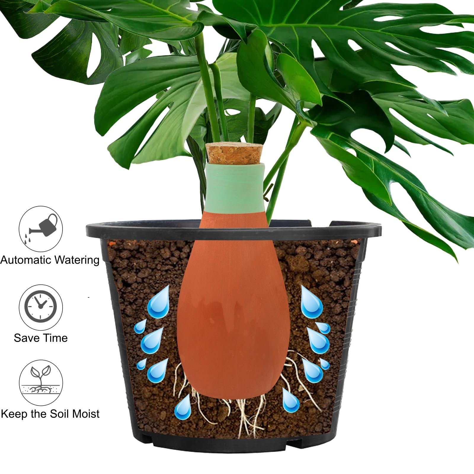 DEAYOU Lot de 4 globes d'arrosage automatique pour plantes en terre cuite avec couvercle, dispositif d'arrosage automatique pour intérieur et extérieur, plantes de vacances, facile à remplir