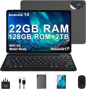 Tablet 10 Inch Android 14, Metal Body, 22GB RAM + 128GB ROM Expandable to 1TB, Octa-Core 2.0GHz, 8000mAh, WiFi 5G, Widevine L1   with Keyboard, Mouse & Case   Dark Grey