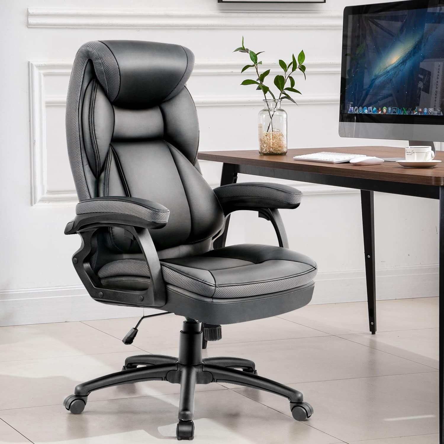 Upgraded Adjustable Executive Office Chair with Slide Rail armrest, Ergonomic Desk Chair, Swivel Desk Chairs, Adjustable Height High-Back Reclining Chair with Padded Armrest, Black : Office Products