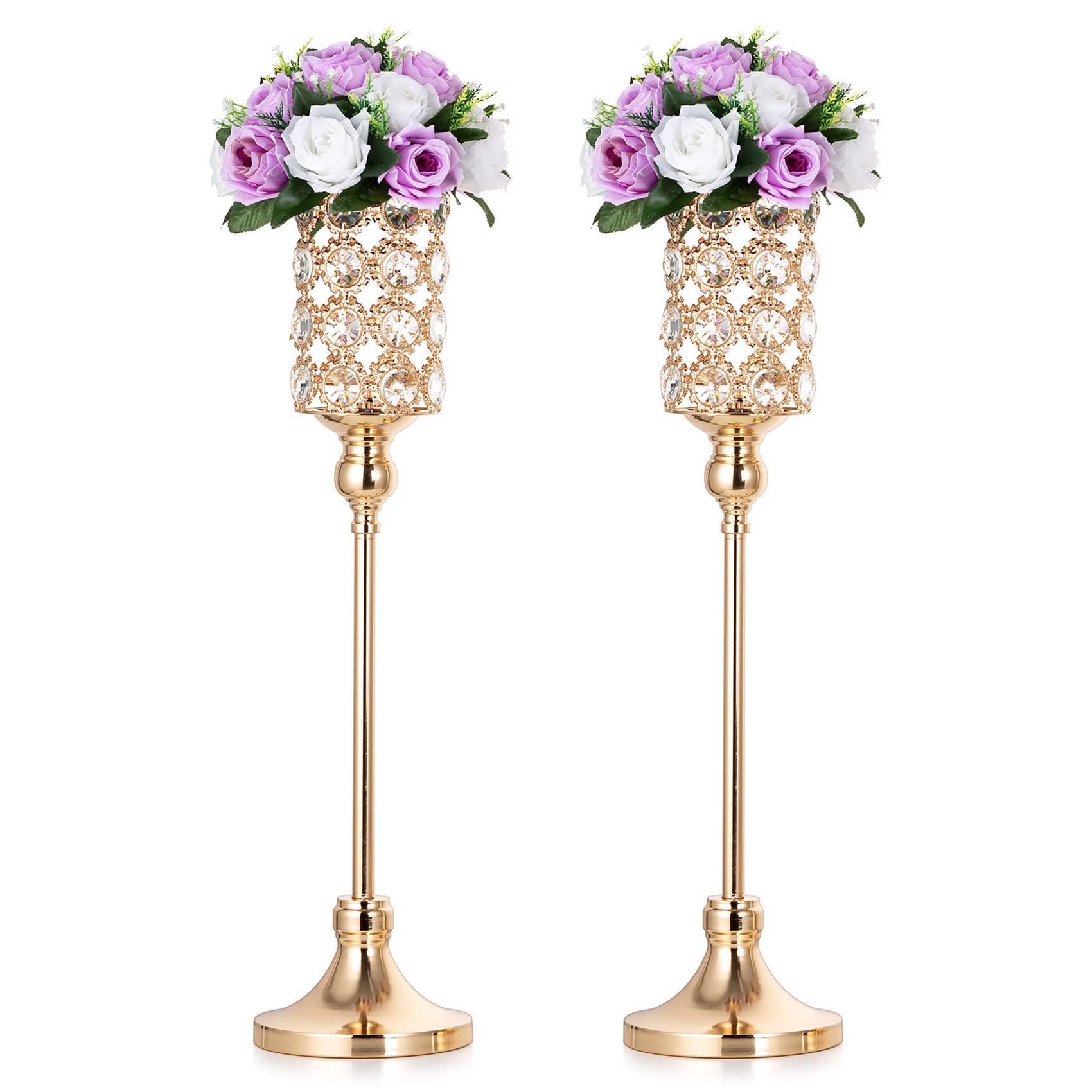 NUPTIO Gold Vase Wedding Centerpieces: 2 Pcs 28.7in Tall Crystal Flower Stand for Tables Elegant Metal Flowers Arrangement Vases for Weddings Birthday Party Anniversary Reception Home Decorations