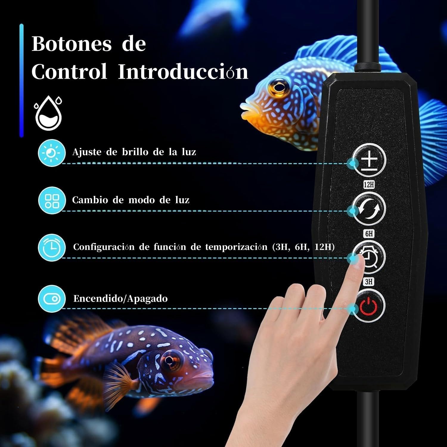 Primer plano del control remoto en línea de la luz del acuario Zingbabu, que muestra los botones para ajustar el brillo, el modo de luz, el temporizador y la energía.