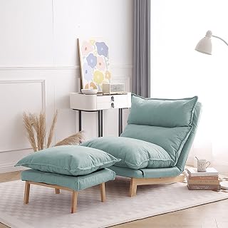 Juego de 2 sillas modernas con otomana acogedora silla de salón para sala de estar, respaldo ajustable, tela de algodón y lino, cómoda silla perezosa con otomana color verde menta